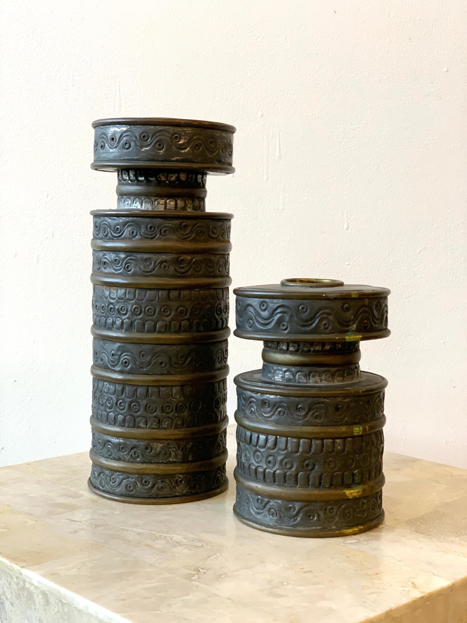 Vintage Gene Byron Mexican Pressed Tin and Brass Candlestick Pair, circa 1960s