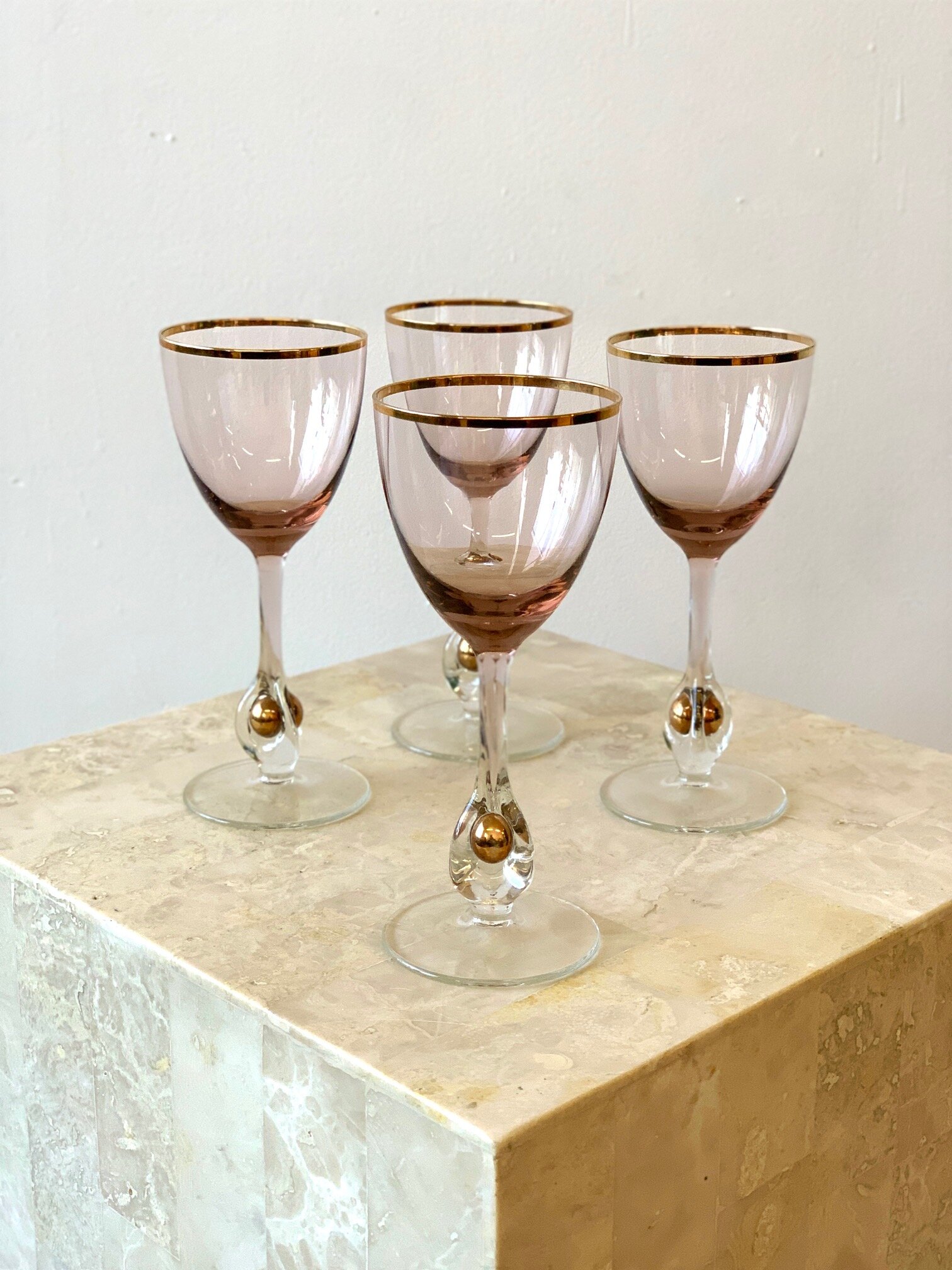 Vintage Czech Crystal Lavender and Gold Encased Orb Champagne Flutes, circa 1957