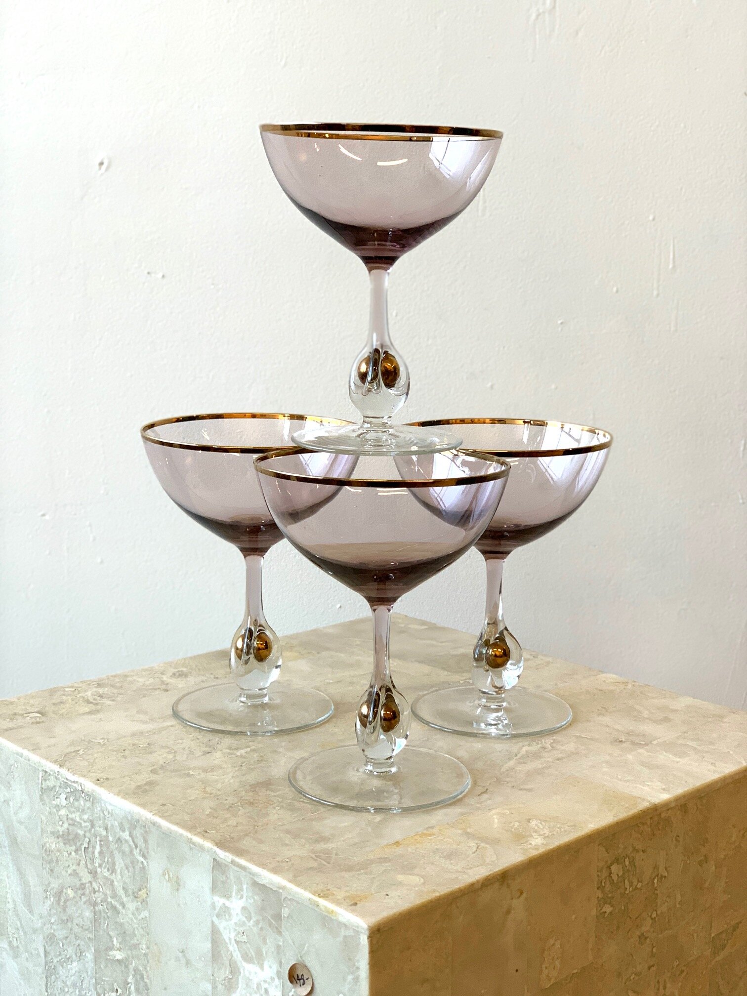Vintage Czech Crystal Lavender and Gold Encased Orb Champagne Coupes, circa 1957