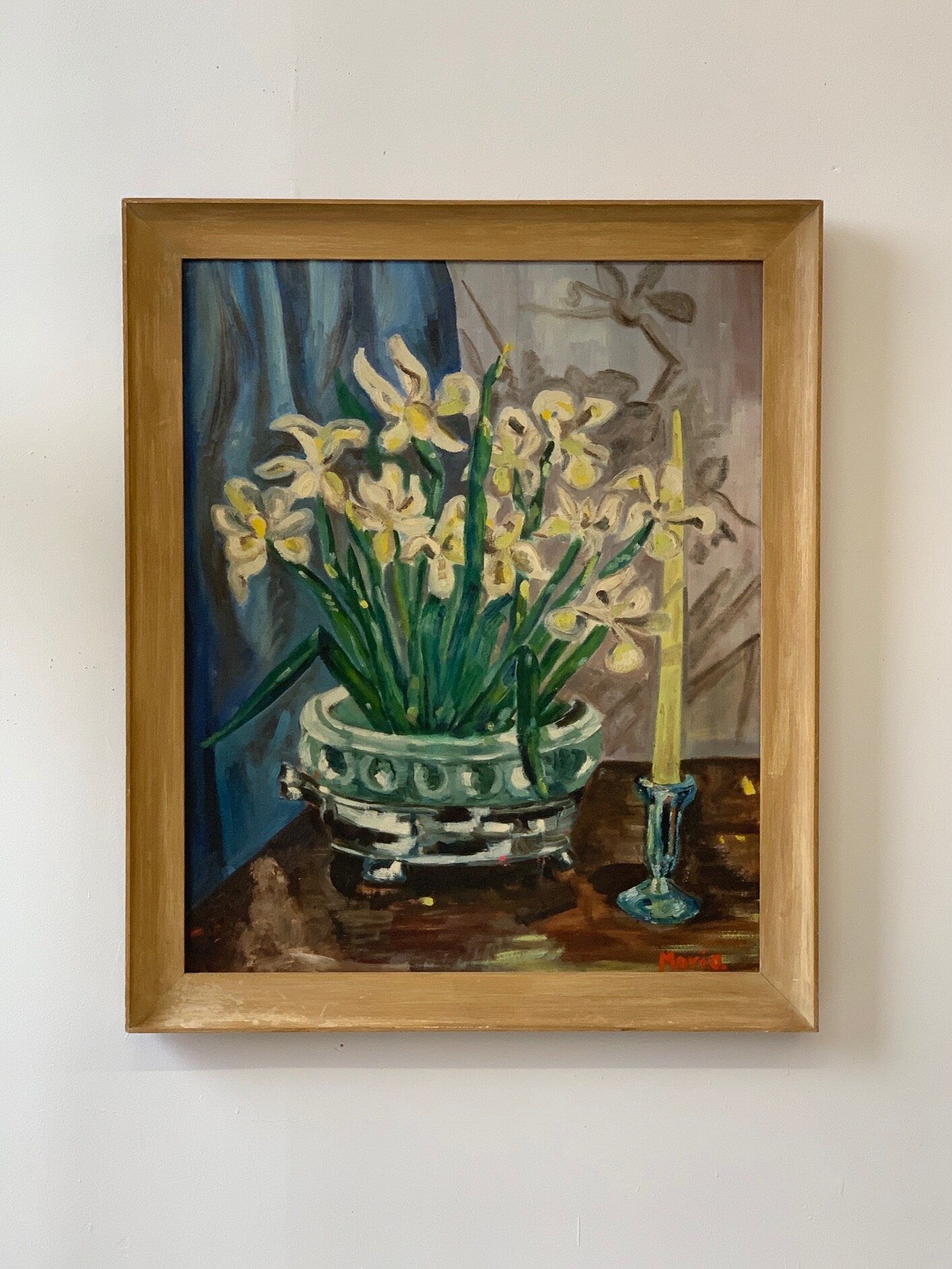 Vintage Acrylic Still Life on Canvas Signed Maria, circa 1950s
