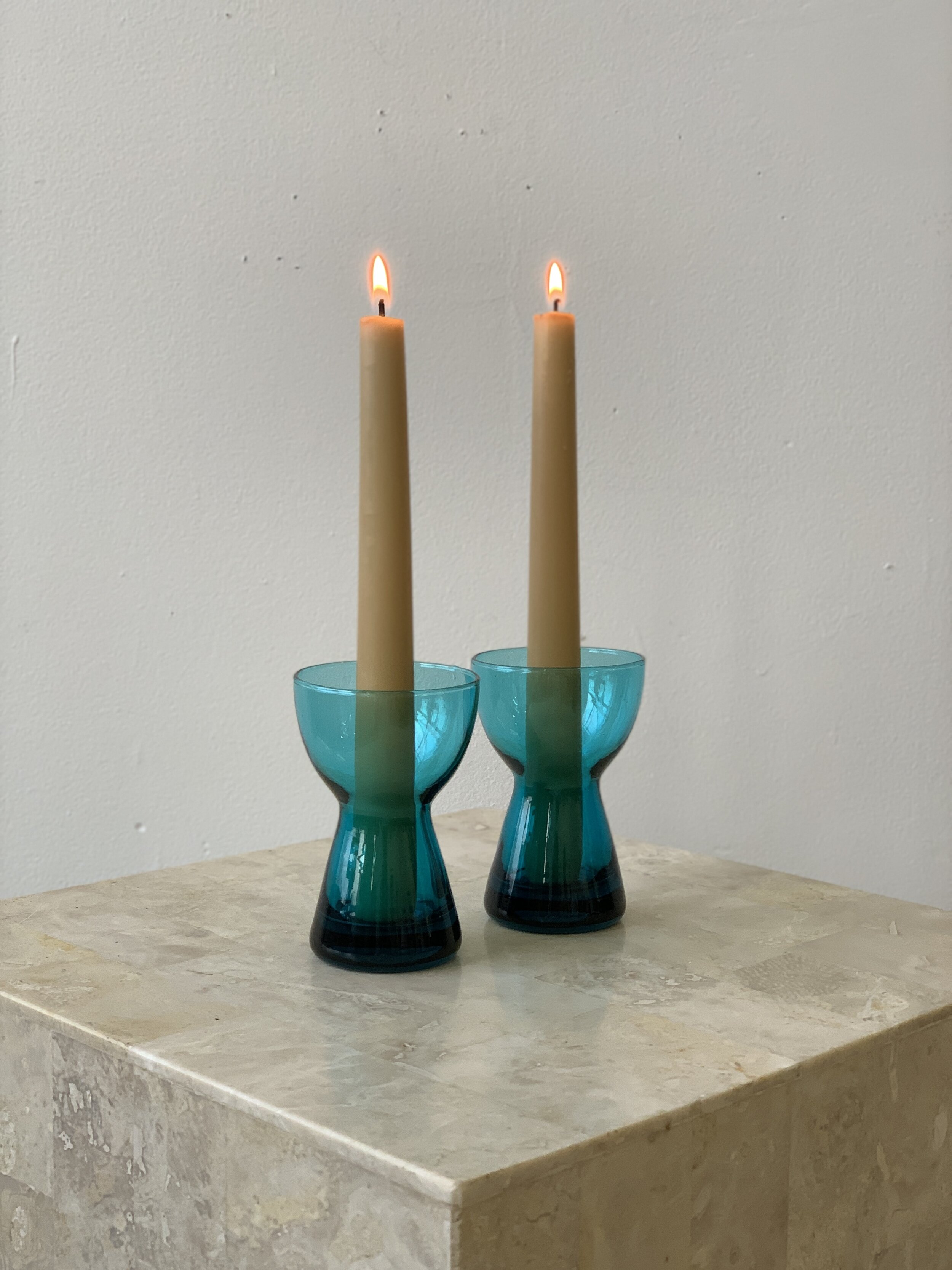 Vintage Mid Century Morgantown Peacock Blue Glass Candlestick Holders, Circa 1960s