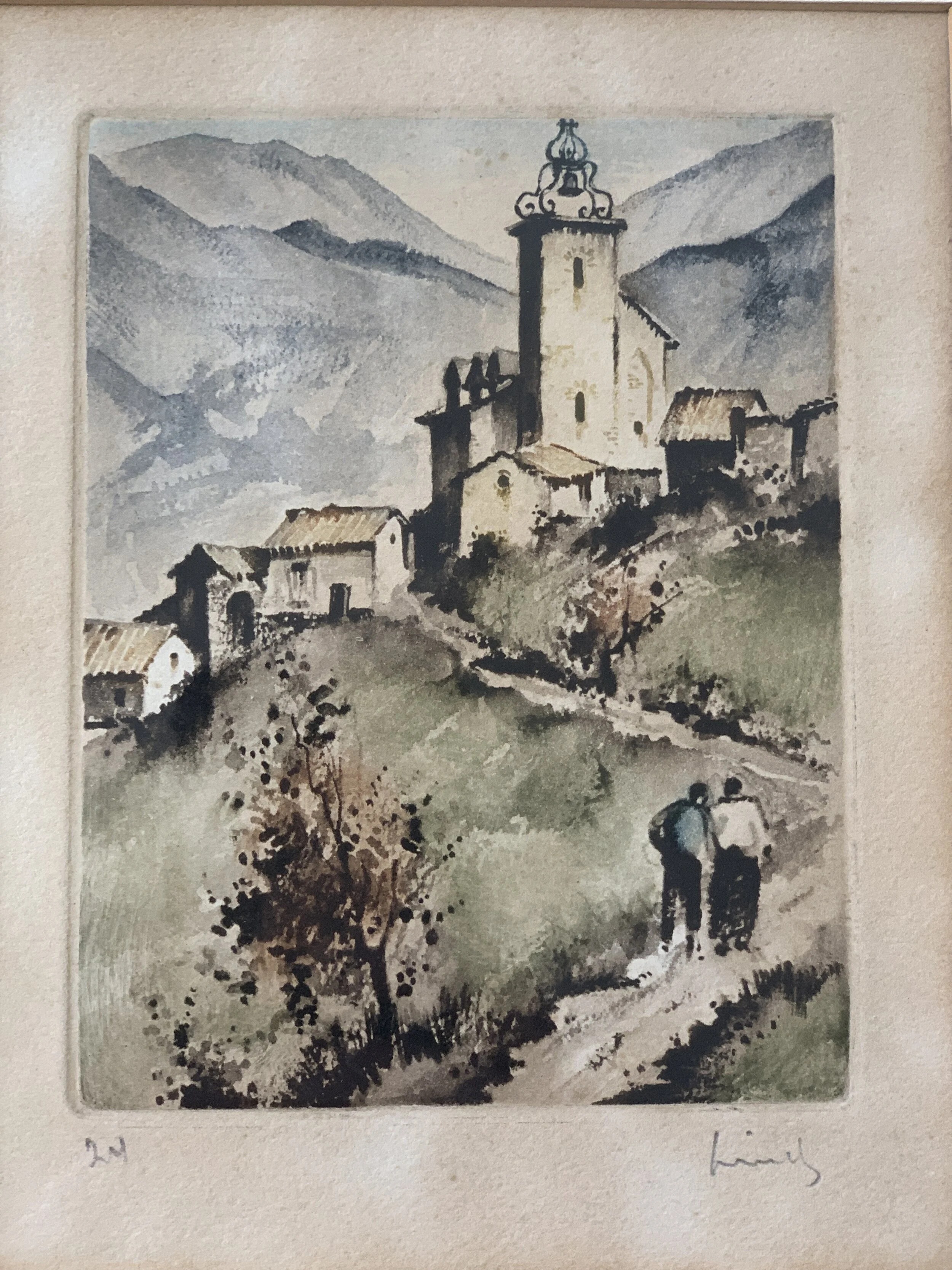 Vintage Roger Hebbelinck Hand-Colored European Mountain Town