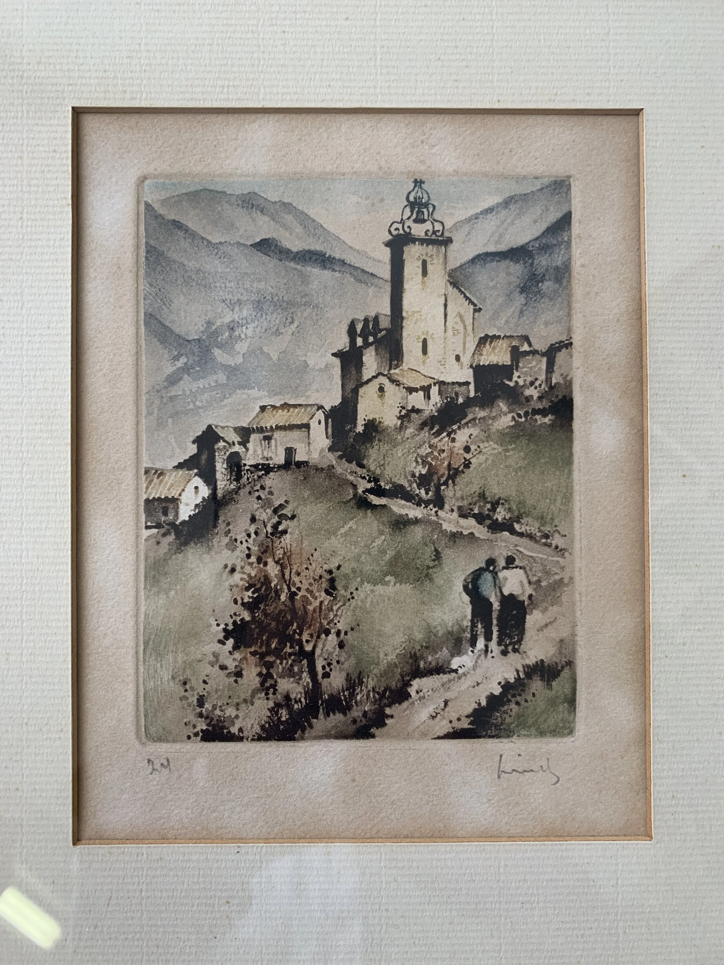 Vintage Roger Hebbelinck Hand-Colored European Mountain Town