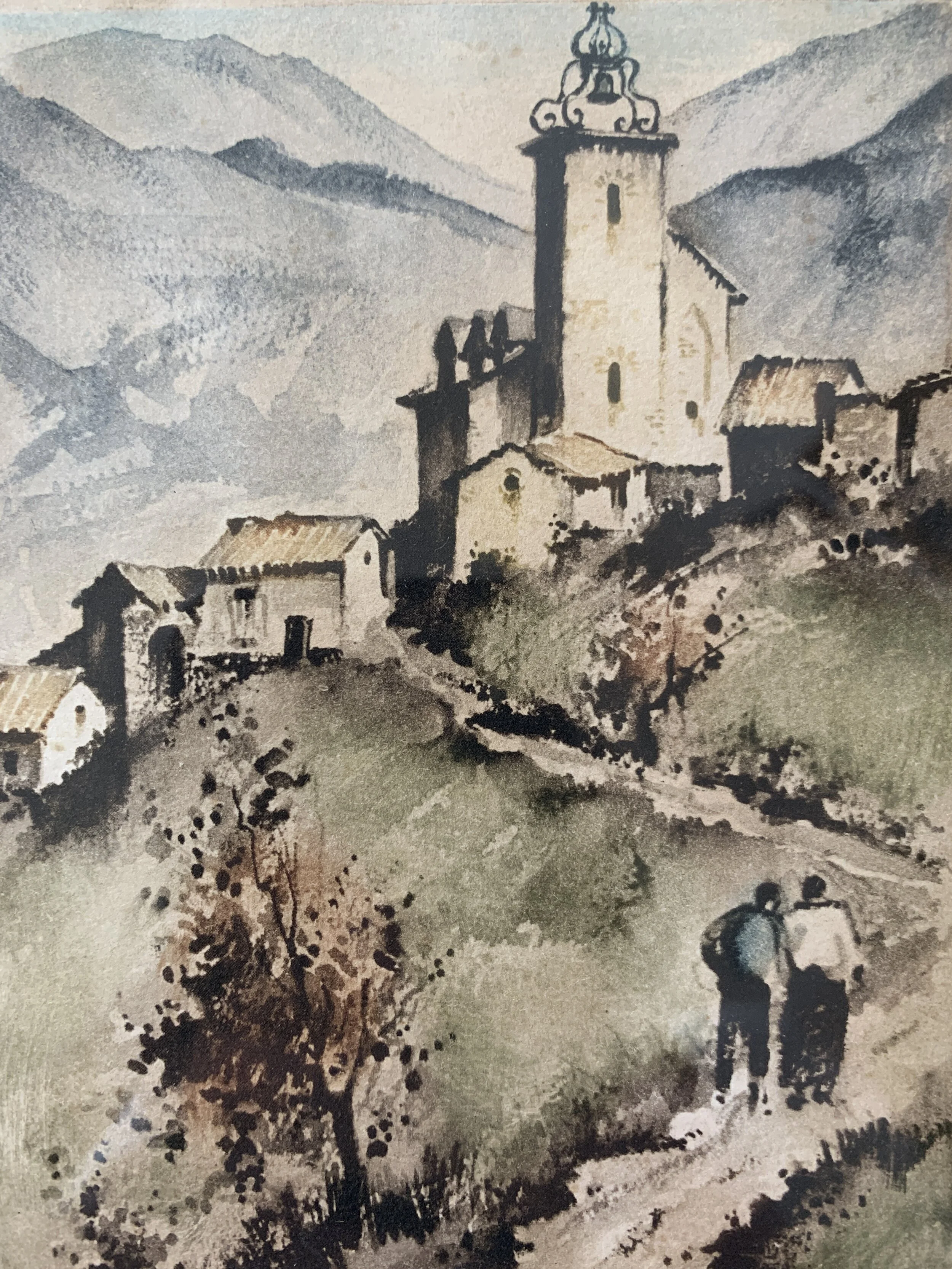 Vintage Roger Hebbelinck Hand-Colored European Mountain Town