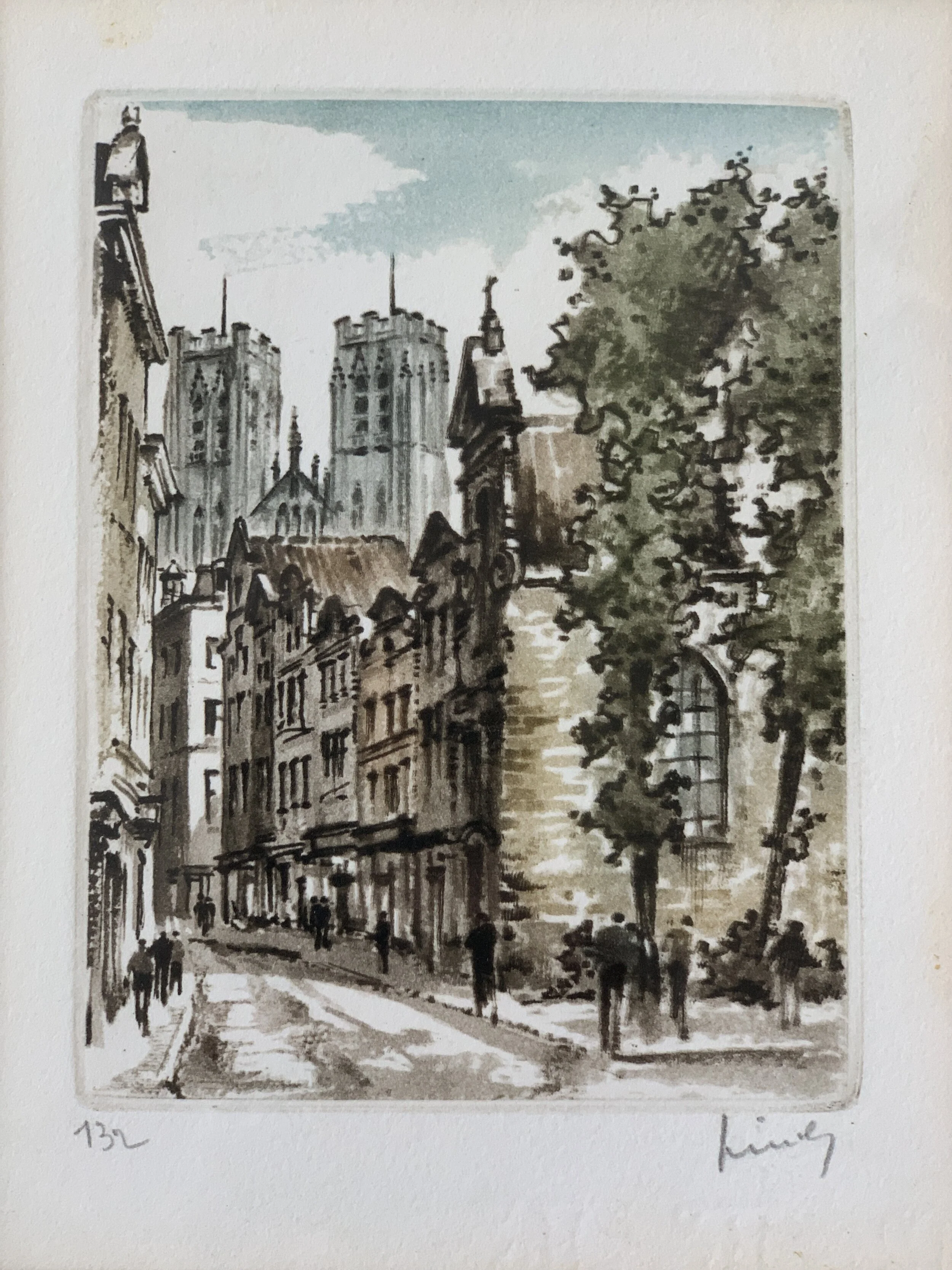 ロジャー・ヘッベリンク Roger Hebbelinck 版画 風景画 Vintage Roger Hebbelinck Signed European City Scene Print