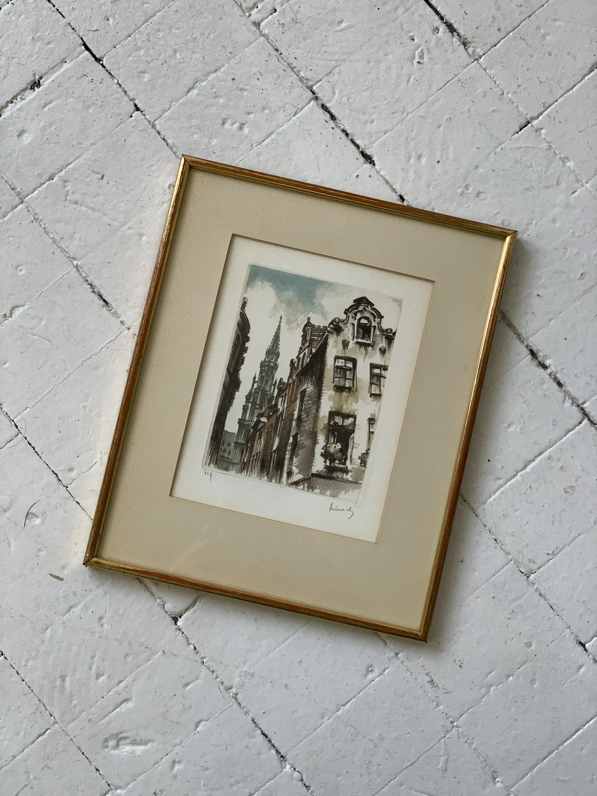 ロジャー・ヘッベリンク Roger Hebbelinck 版画 風景画 Vintage Roger Hebbelinck Signed European Architectural Scene