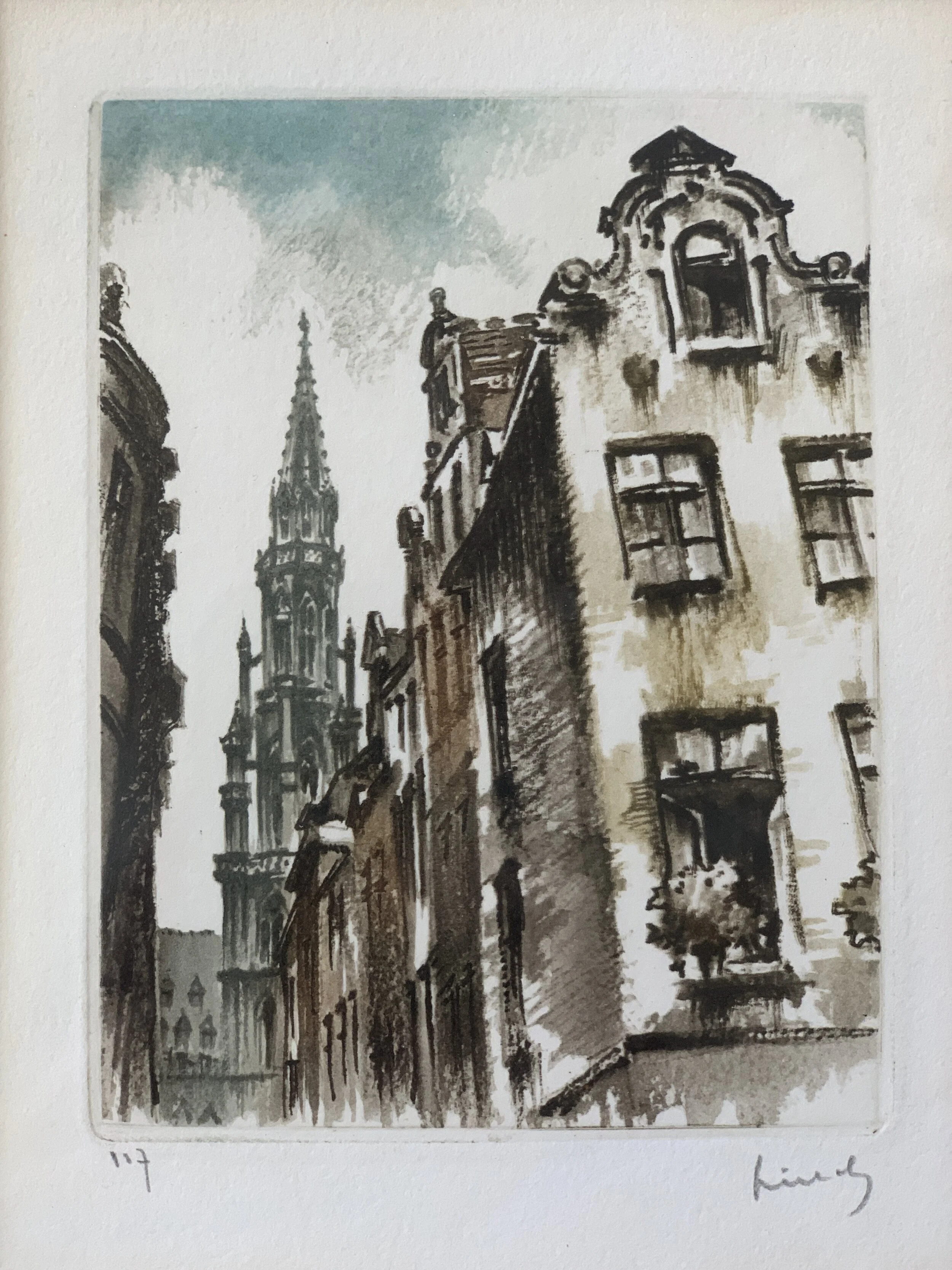 ロジャー・ヘッベリンク Roger Hebbelinck 版画 風景画 Vintage Roger Hebbelinck Signed European Architectural Scene