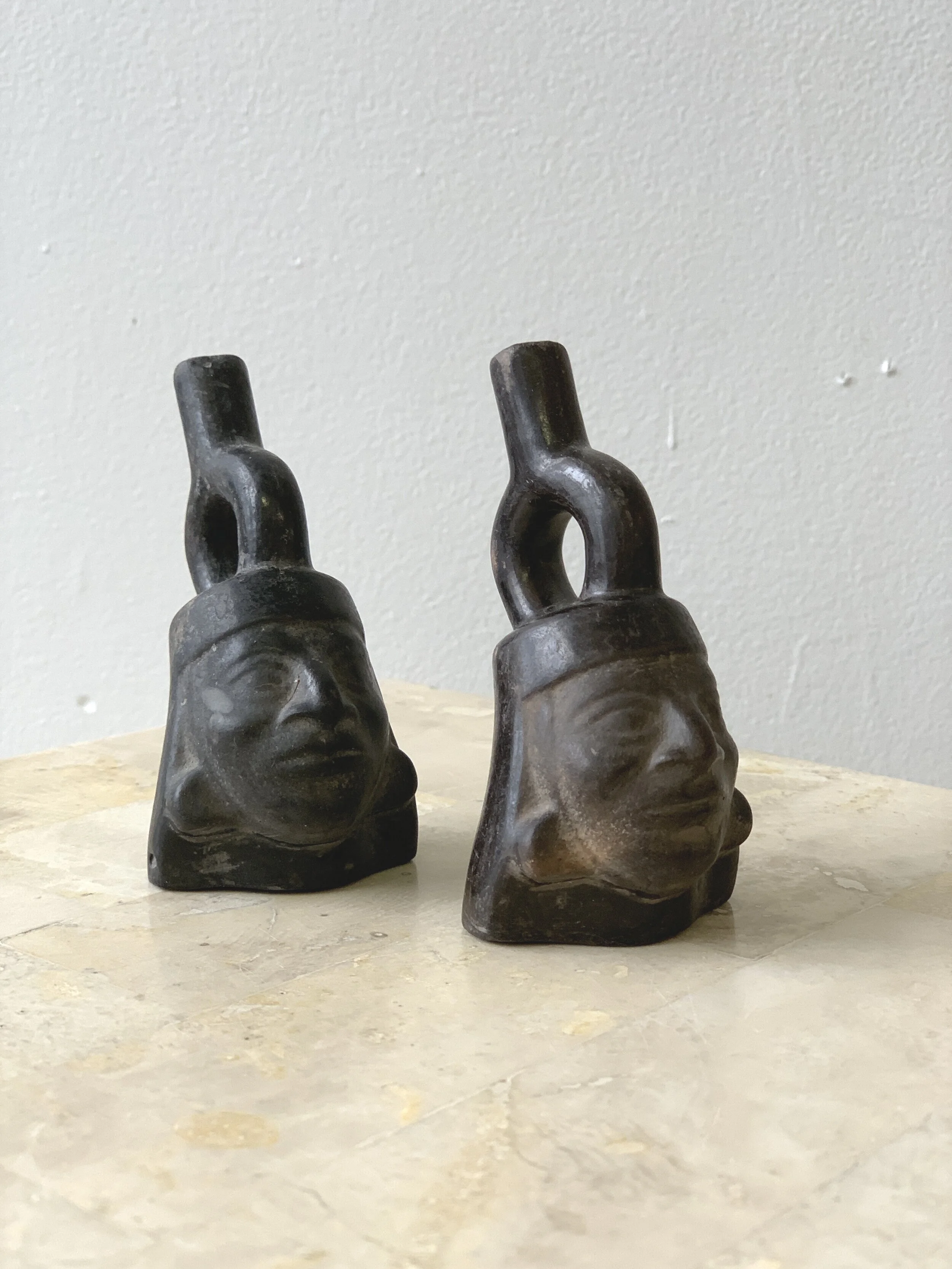 Vintage Pair of Figural Barro Negro Stirrup Bud Vases, Circa 1960s, 70s