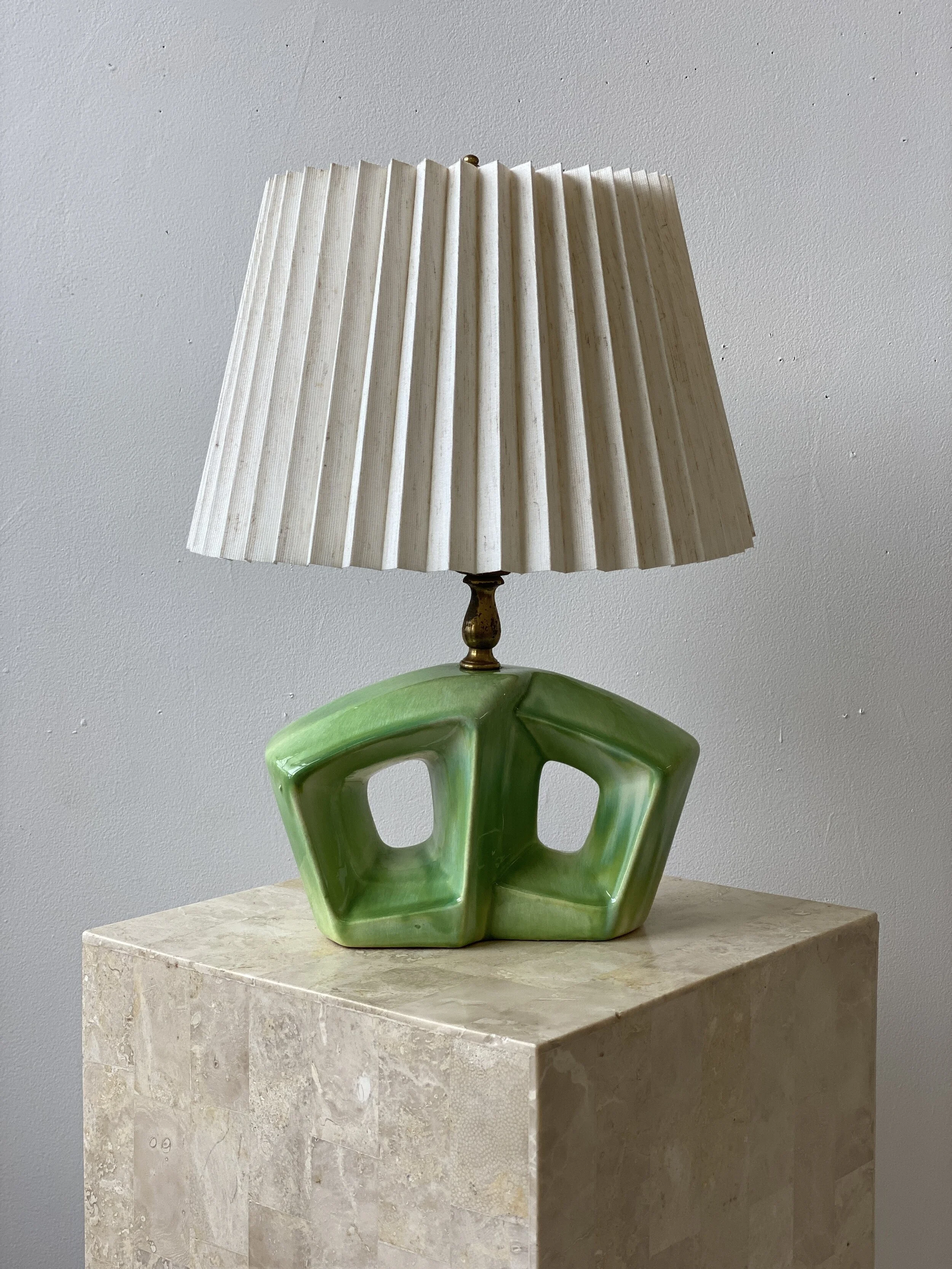 Vintage Green Double Keyhole Ceramic Lamp, Circa 1950s