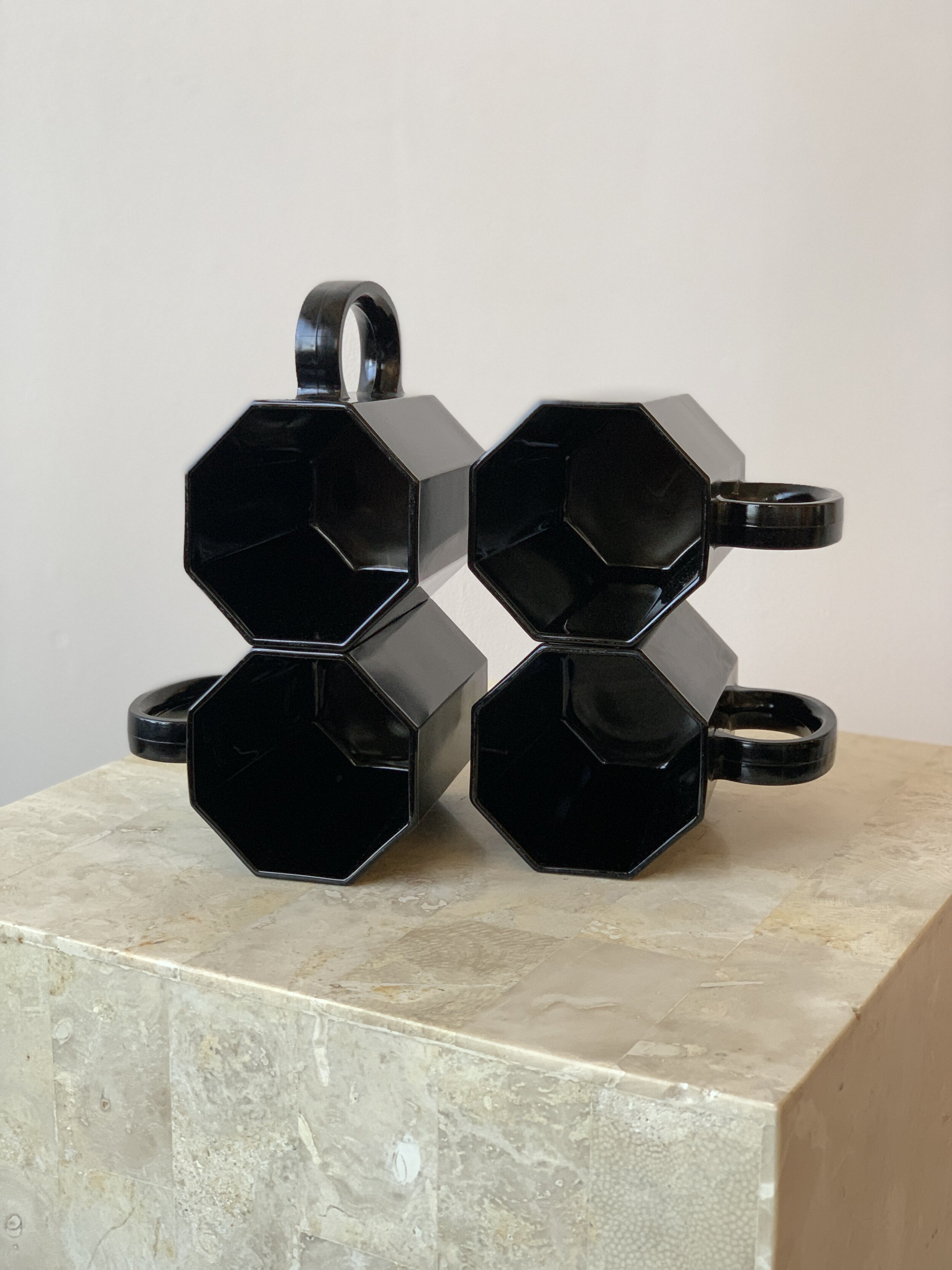Vintage Arcoroc Octagonal Black Glass Mugs, Circa 1980s