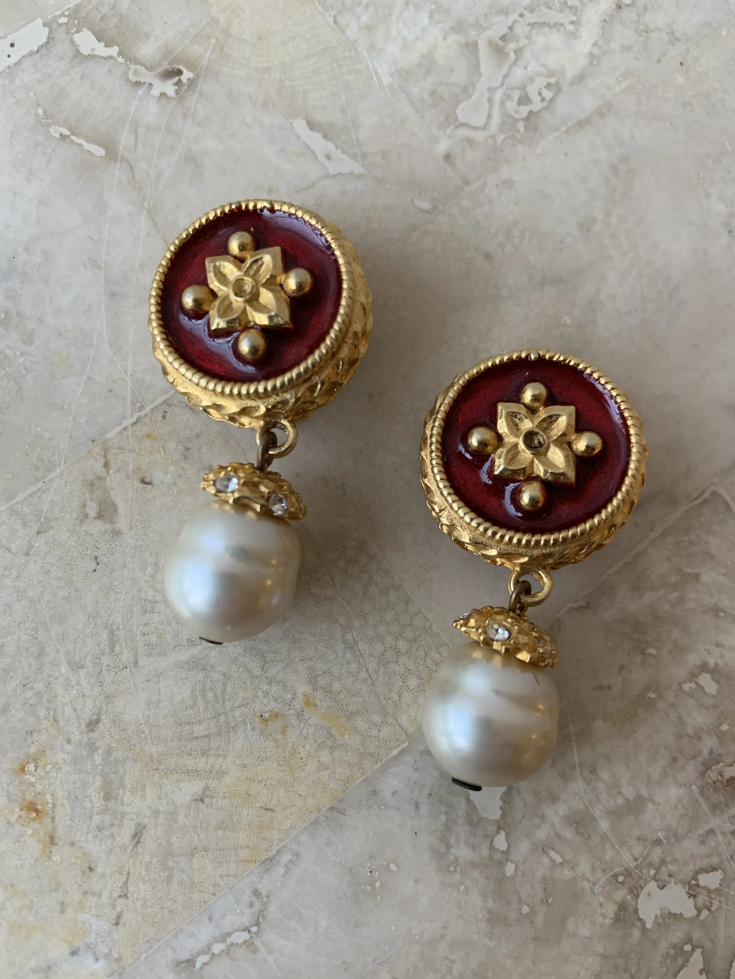 Vintage Gerard Yosca Byzantine Enameled Faux Pearl Drop Earrings, Circa 1980s