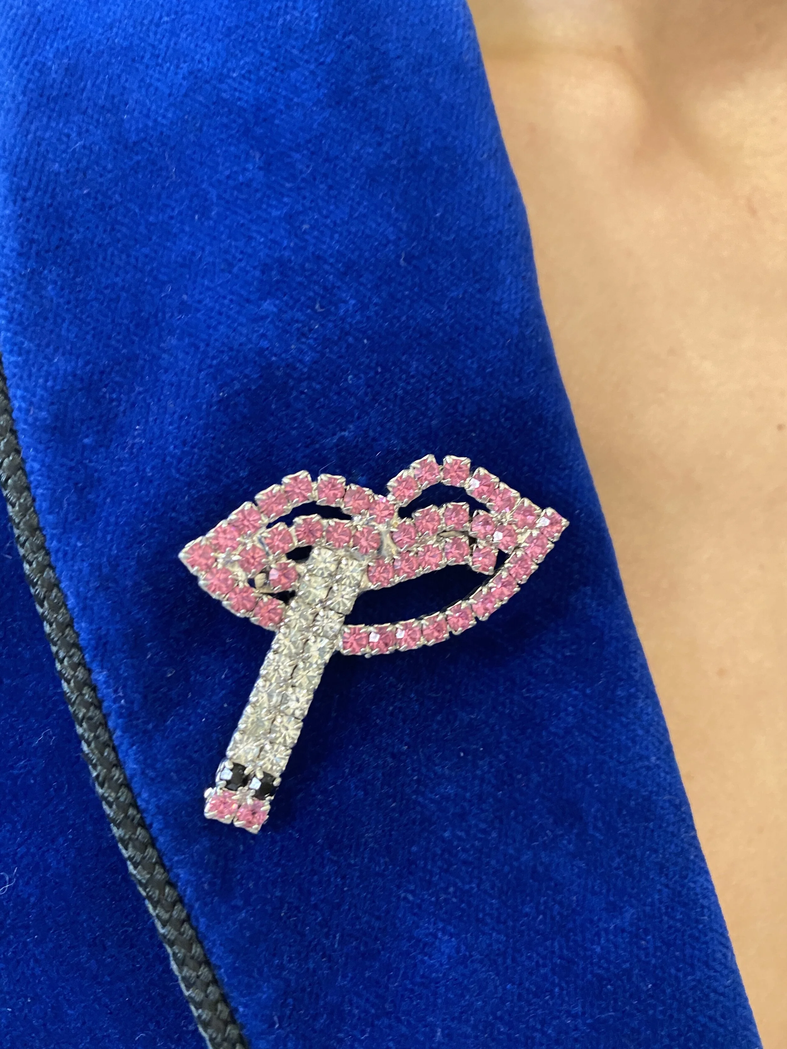 Vintage Rhinestone Smoking Lips Brooch, Circa 1970s