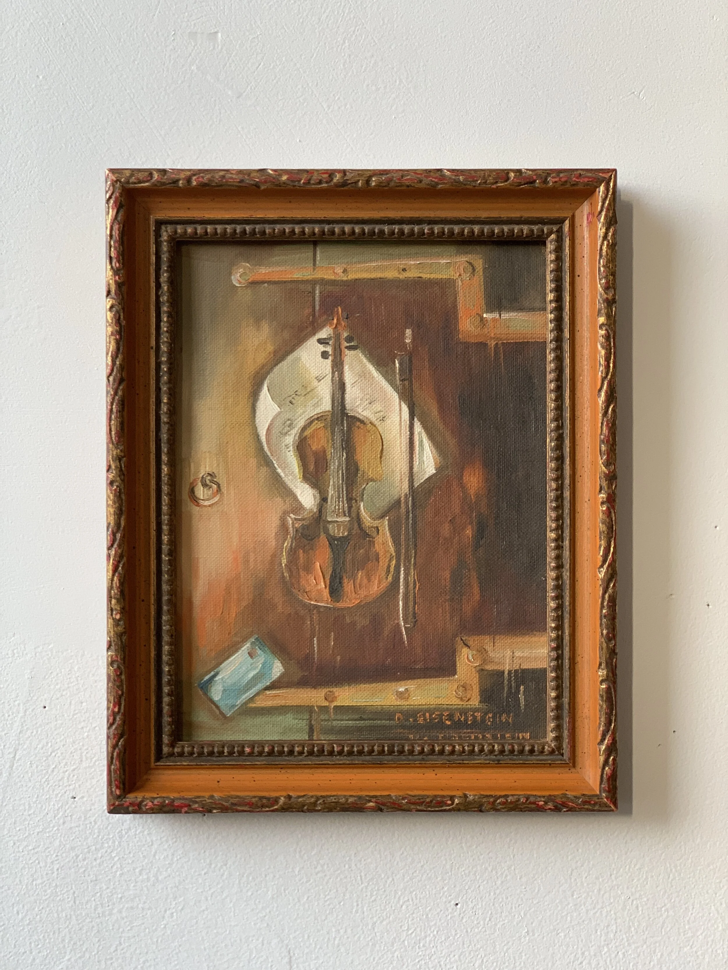 Vintage Acrylic on Board Violin Still Life Signed D. Eisenstein, Circa 1970s