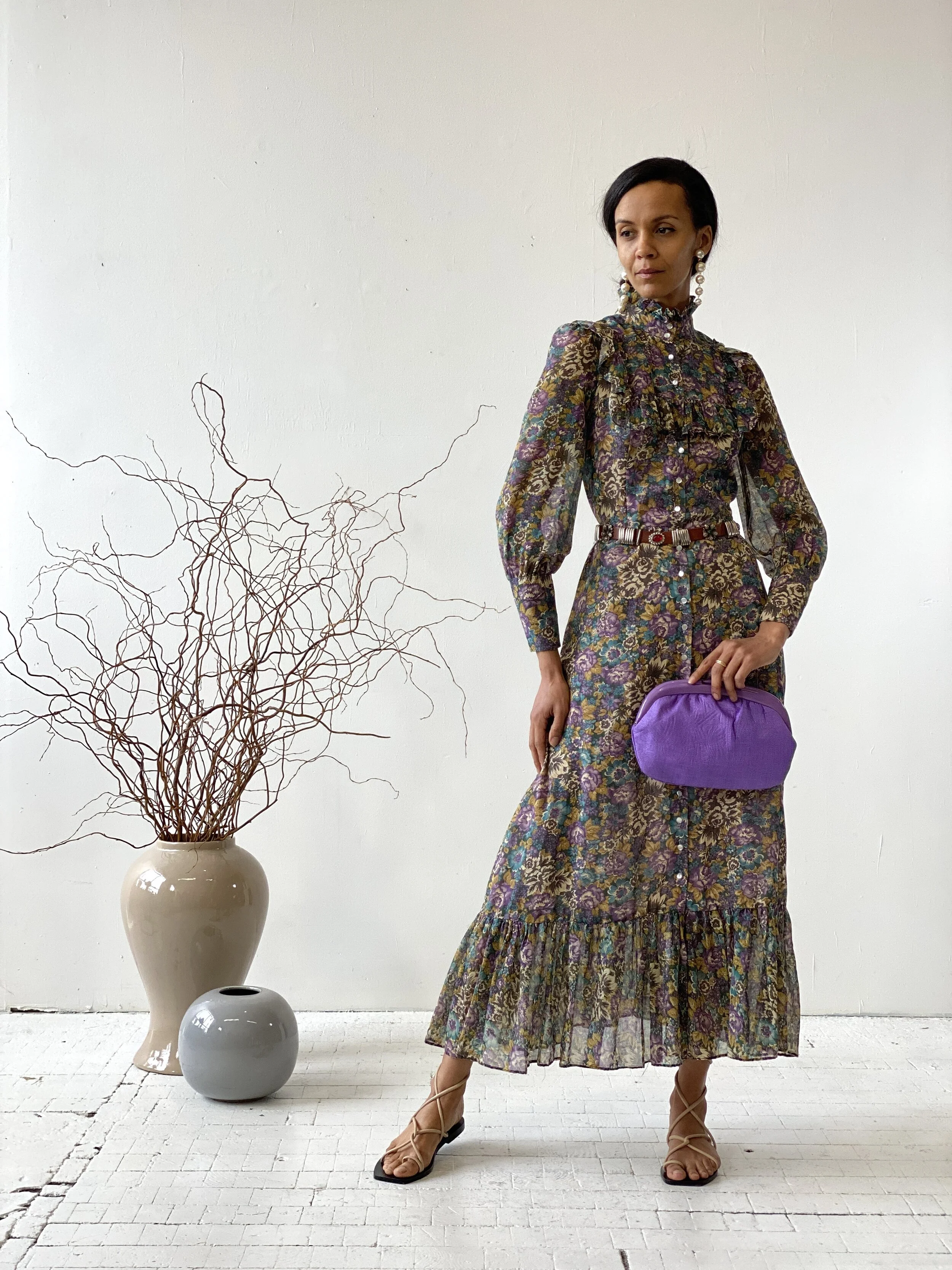 Vintage Floral Print Cottage Core Prairie Dress, Circa 1970s