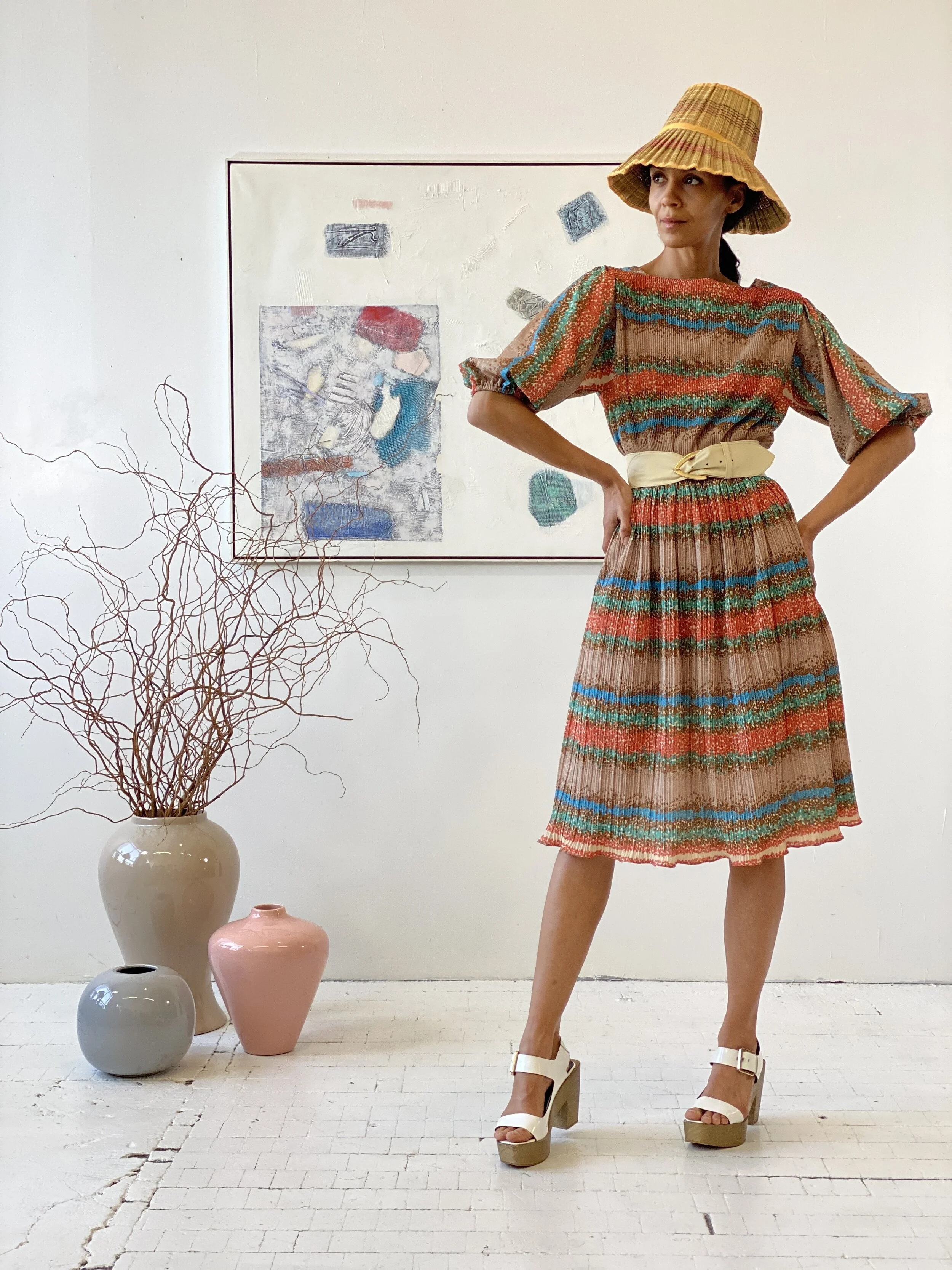 pleated day dress Vintage Abstract Floral Painterly Striped Pleated Day Dress, Circa 1970s —  portmanteau new york