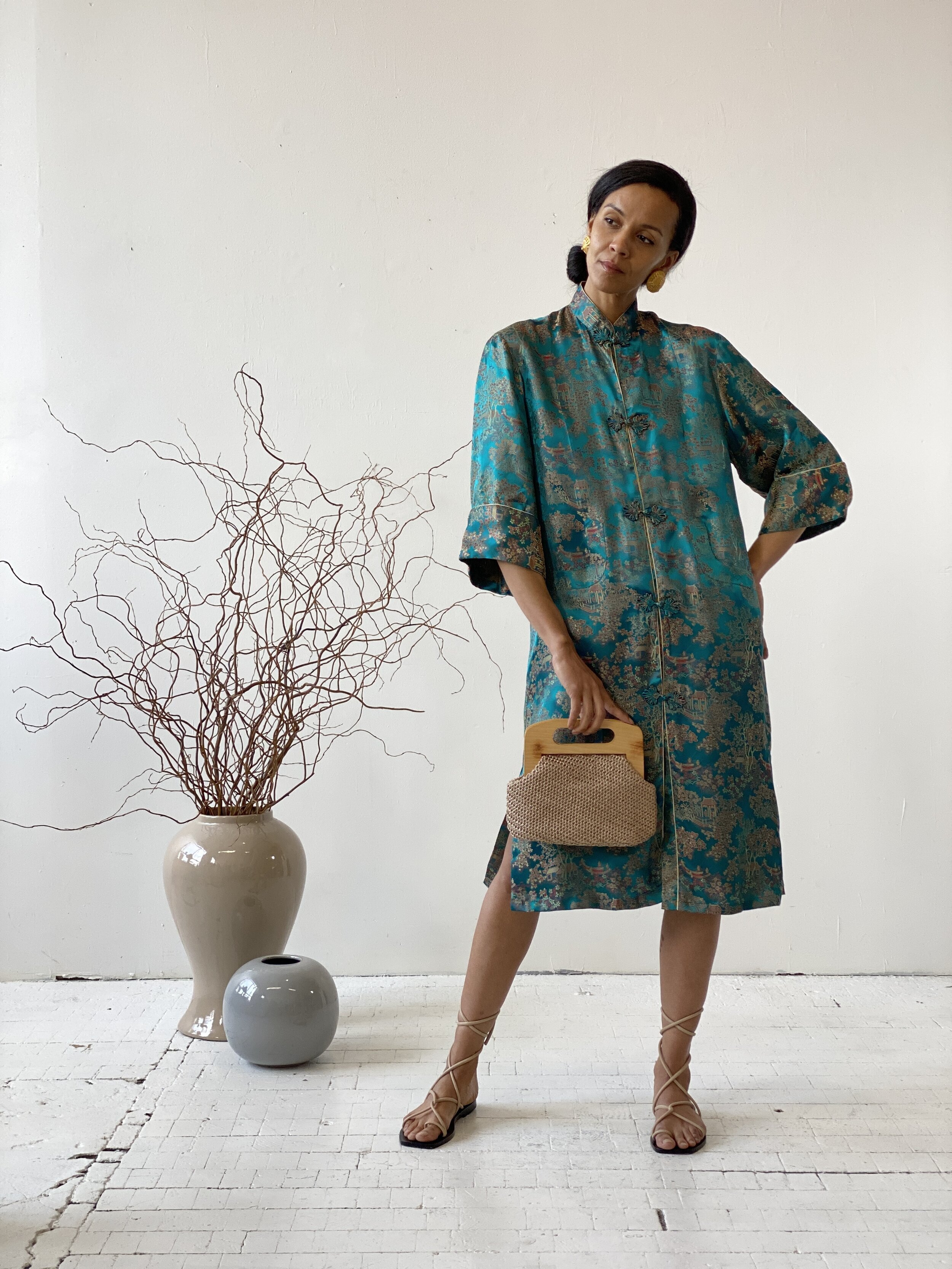 Vintage Deadstock Deep Teal Chinese Brocade Jacket Dress, Circa 1960s