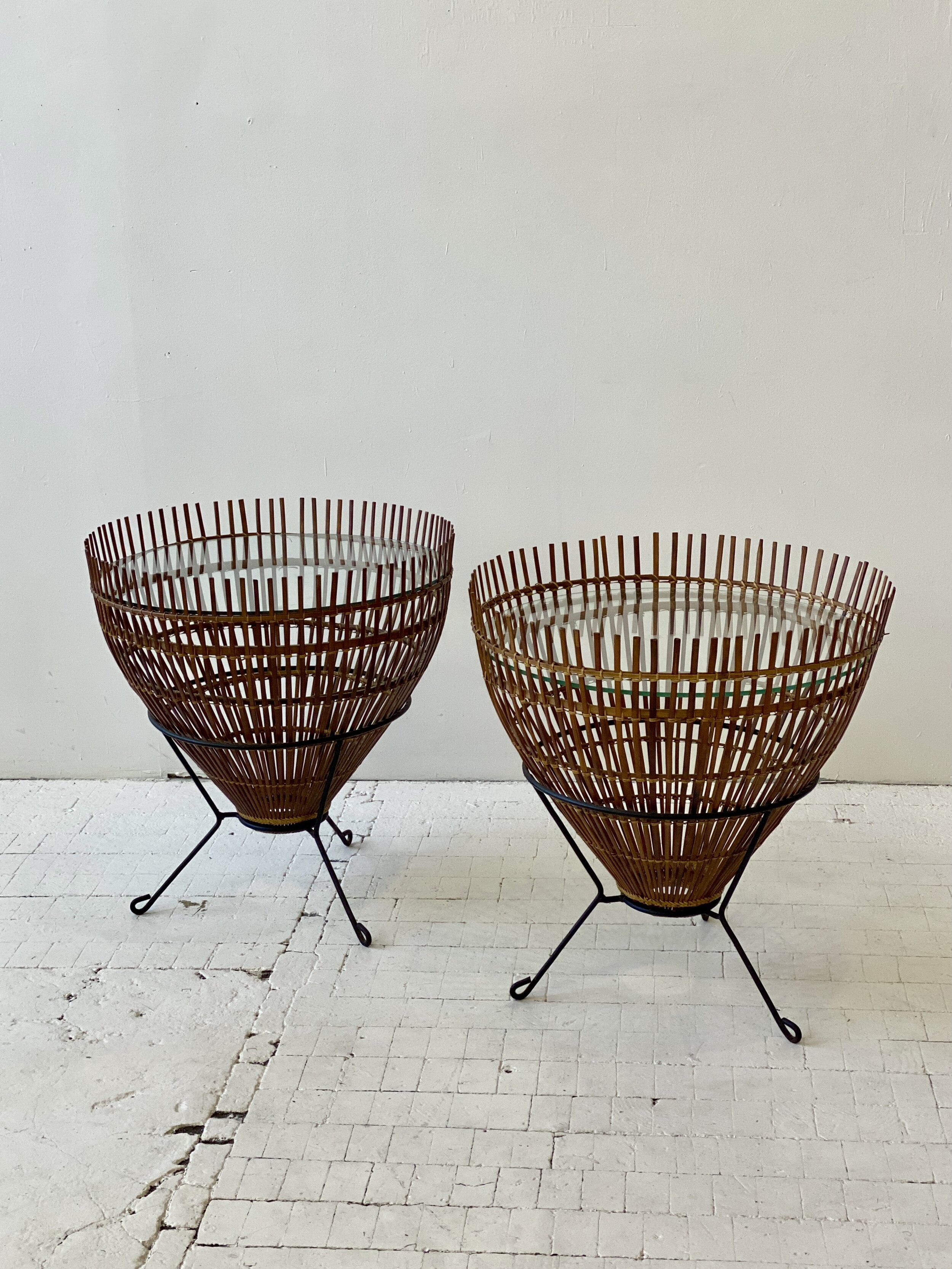 Vintage Mid Century Thai Bamboo Fish Trap Side Tables, A Pair
