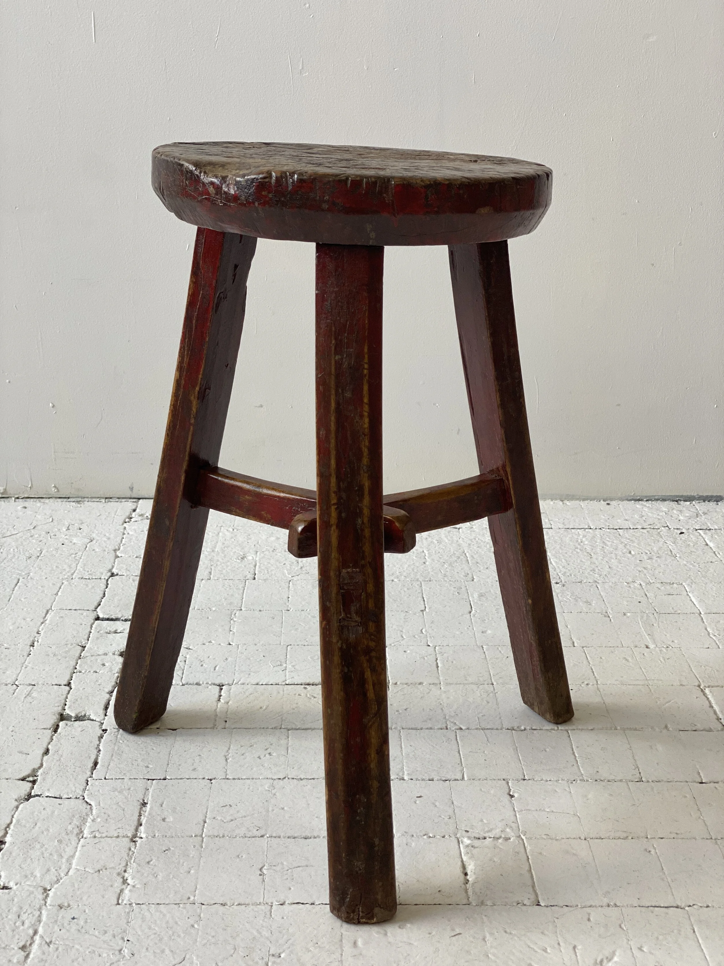 Antique Primitive Painted Wood Tripod Stool With Cross-Joint Spoke