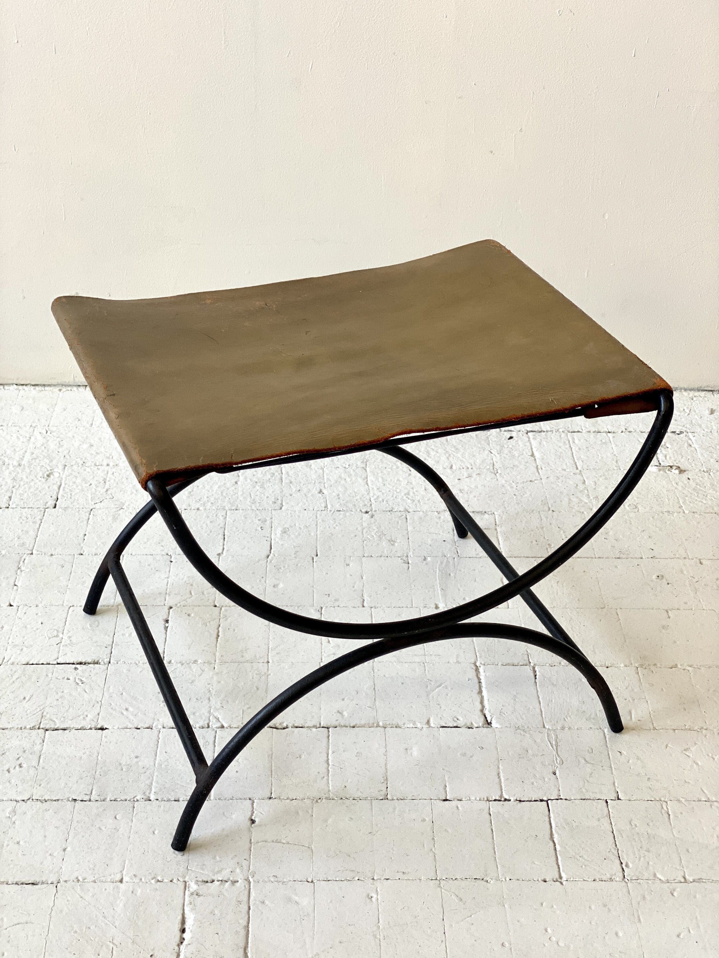 Vintage Midcentury Leather + Wrought Iron Arched Stool, Circa 1950s