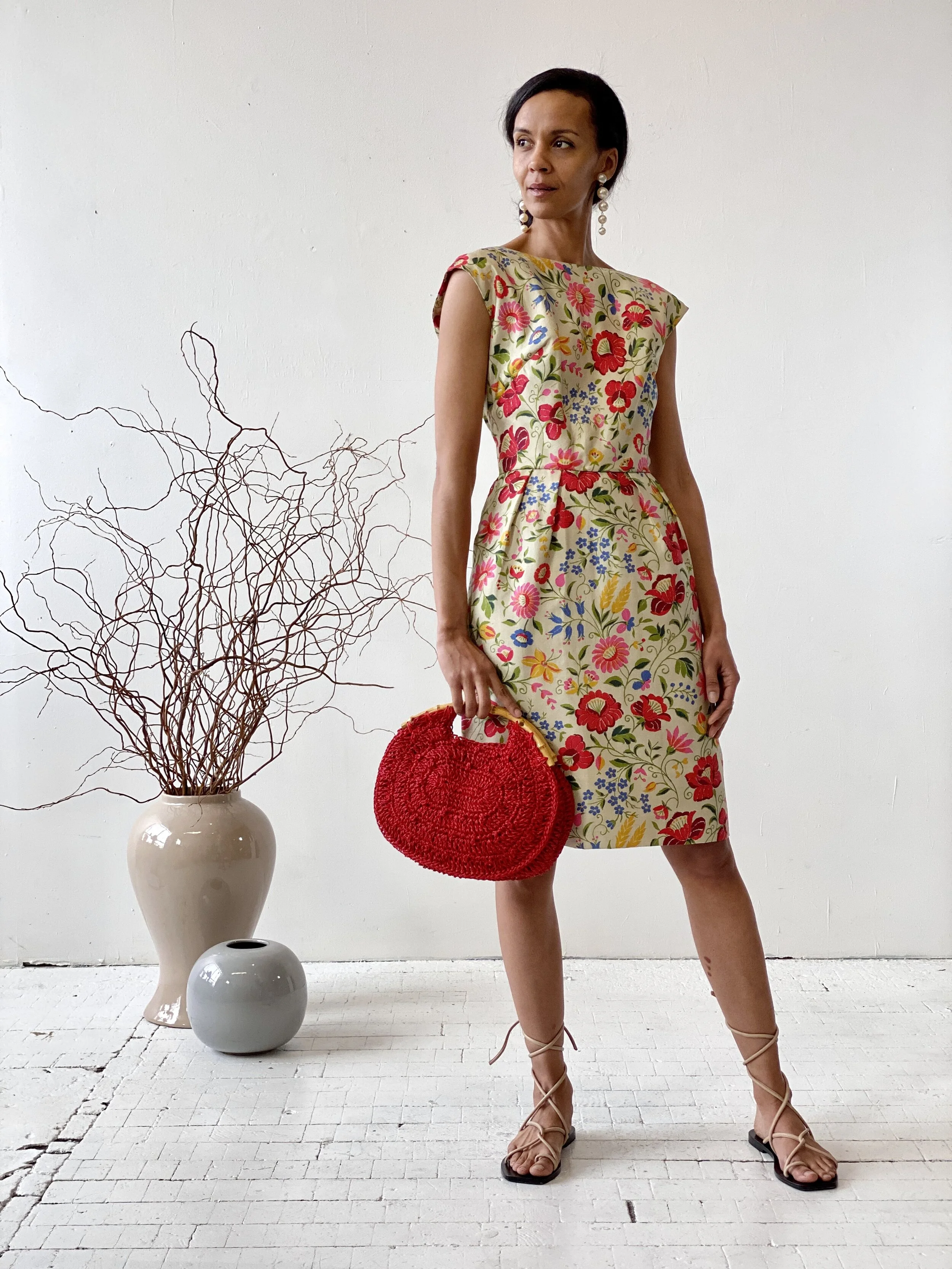 Vibrant Floral Printed Parchment Dupioni Silk Wiggle Dress, Circa 1950s  portmanteau New york