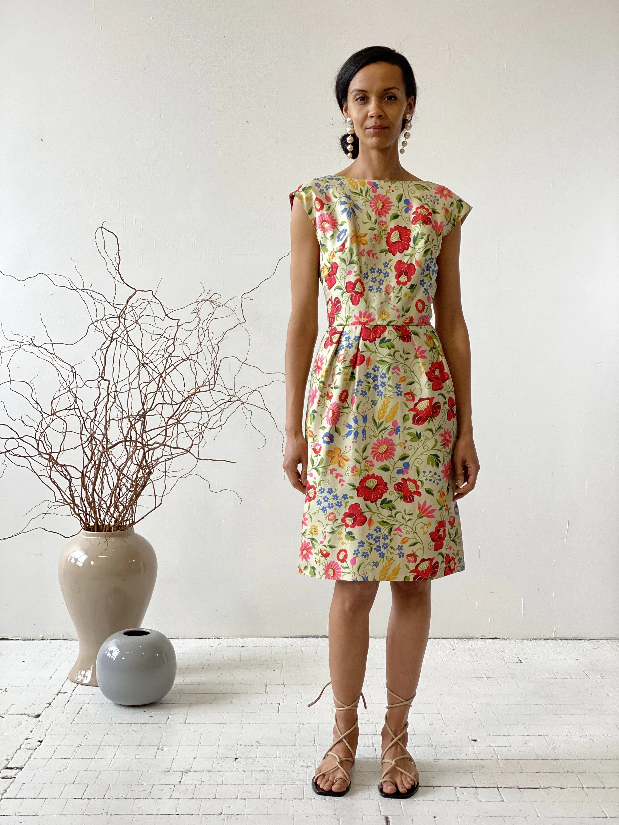90s Dresses Laura Ashley 80s Taffeta Dress Vibrant Floral Printed Parchment  Dupioni Silk Wiggle Dress, Circa