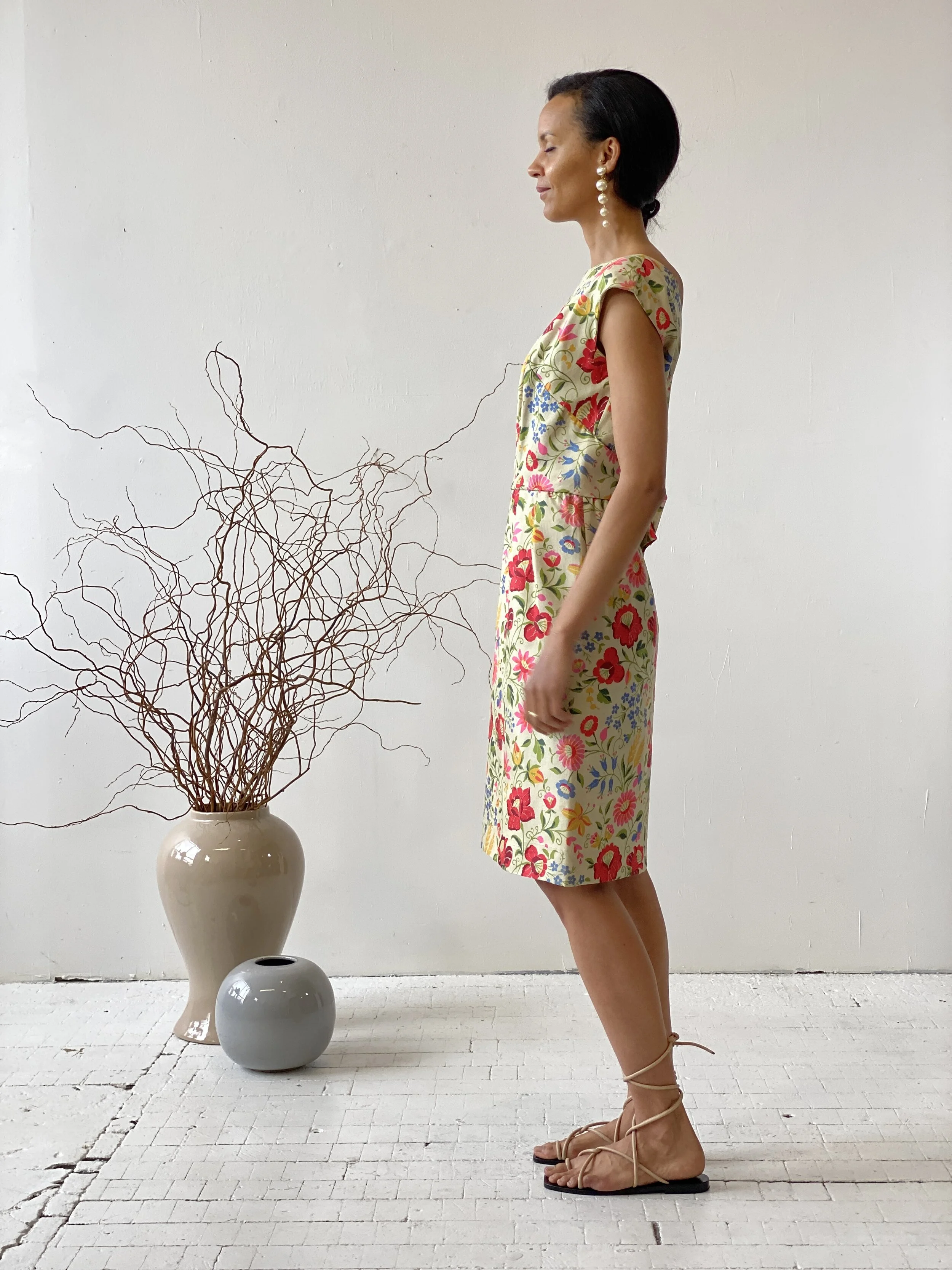 silk wiggle dress Vibrant Floral Printed Parchment Dupioni Silk Wiggle Dress, Circa 1950s — portmanteau New york