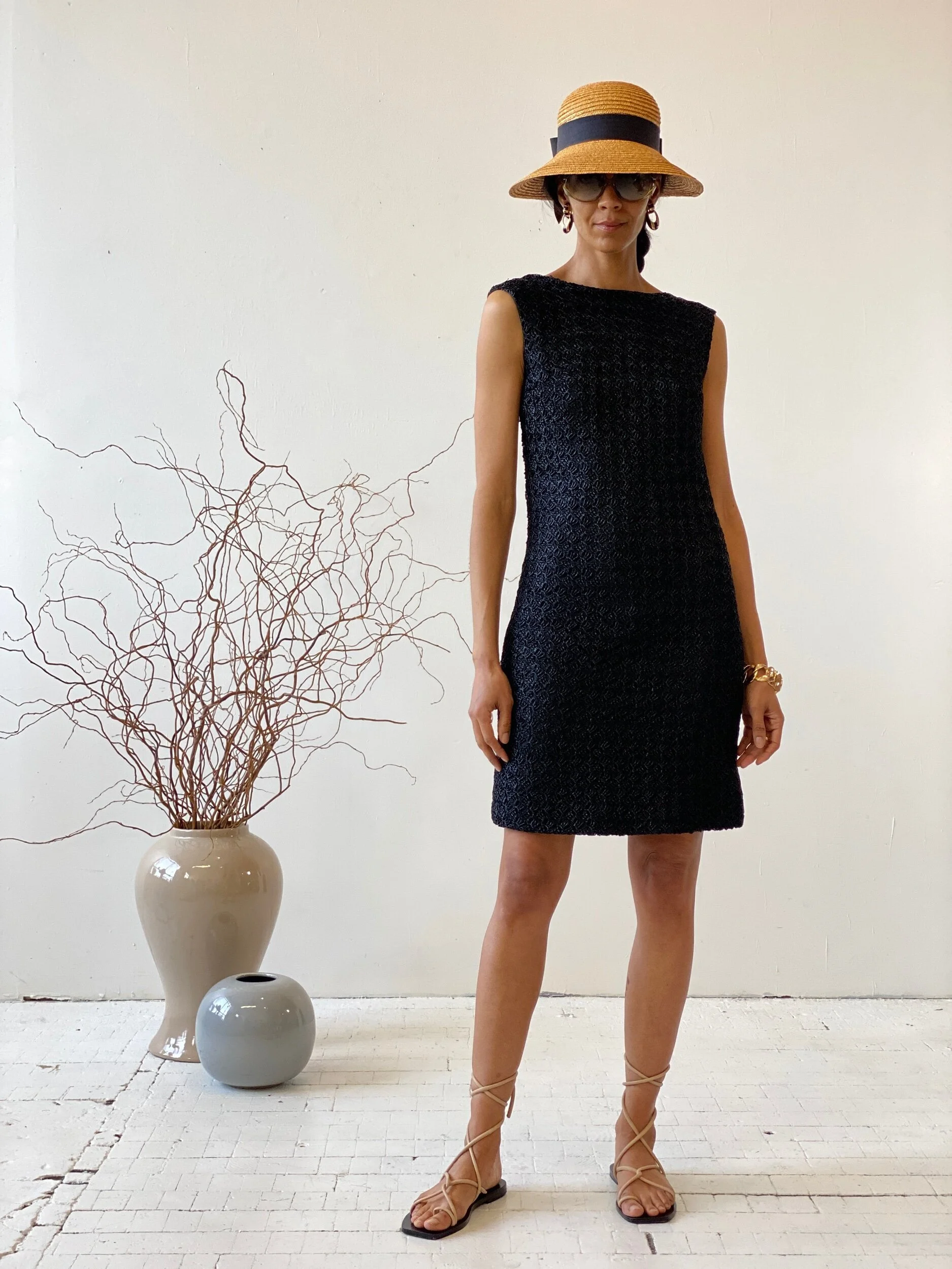 Vintage Black Plastic Straw Sleeveless LBD Sheath Dress, Circa