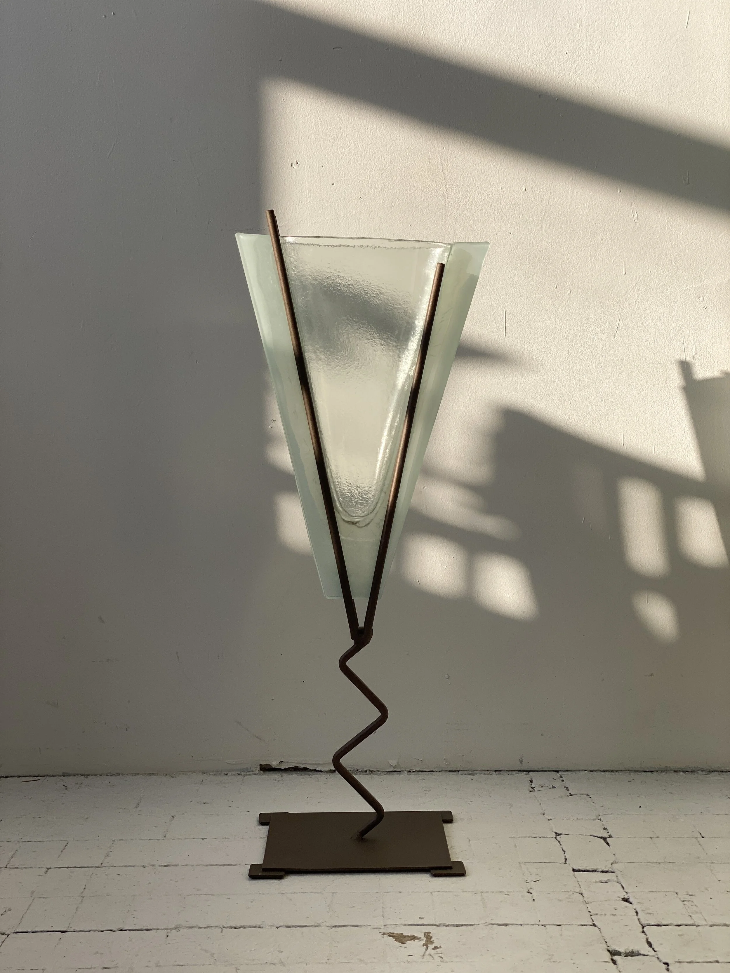 Vintage Postmodern Memphis Pressed Glass + Squiggle Iron Sculptural Vase, Circa 1980s