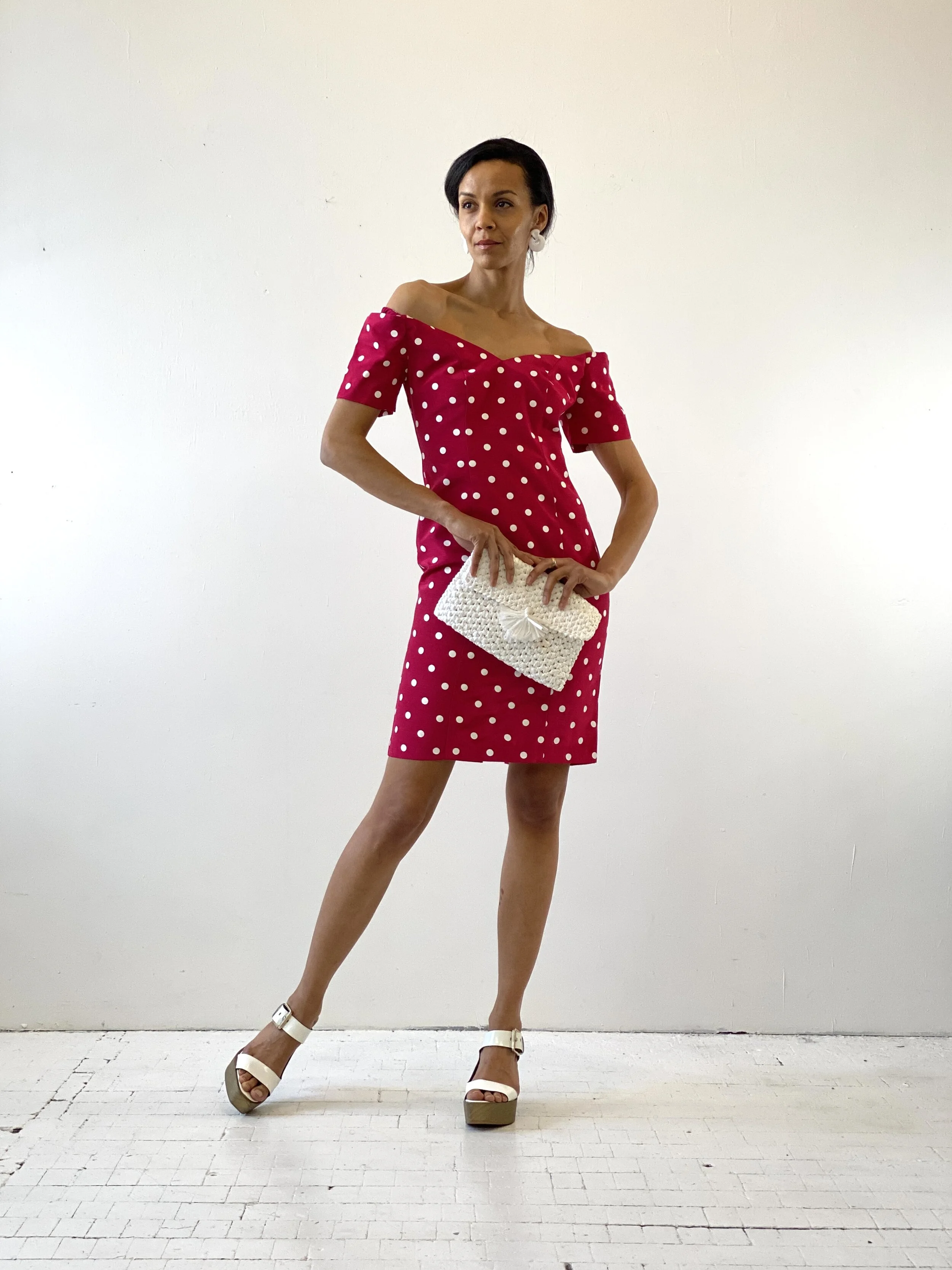 Vintage Deadstock Nite Scarlett Polka Dot Cold Shoulder Dress, Circa 1990s  portmanteau New york