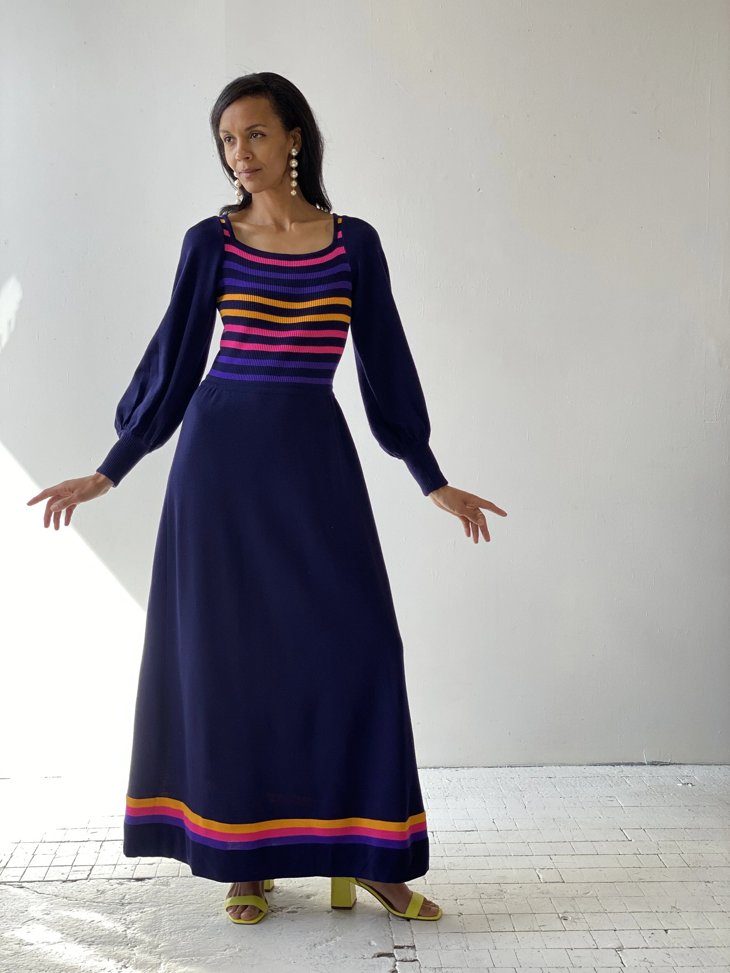 Vintage Deadstock CRISSA Linea Italiana Wool Knit Bishop Sleeve Maxi Dress, CIrca 1970s  portmanteau New york