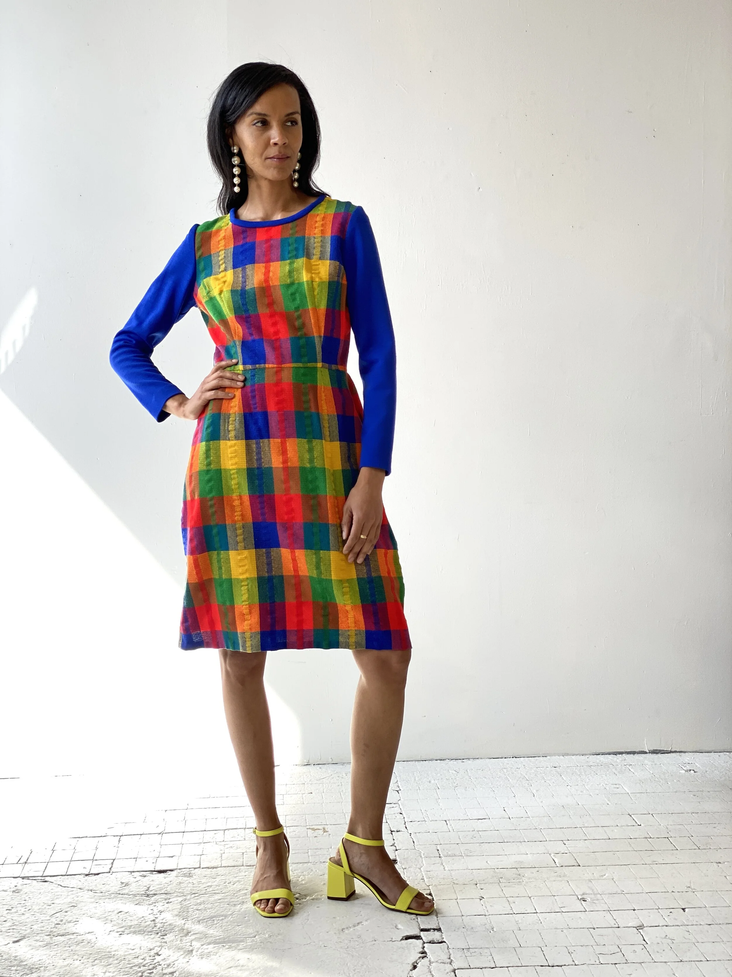 Vintage Wool Madras Dress with Contrasting Sleeves, Circa 1960s