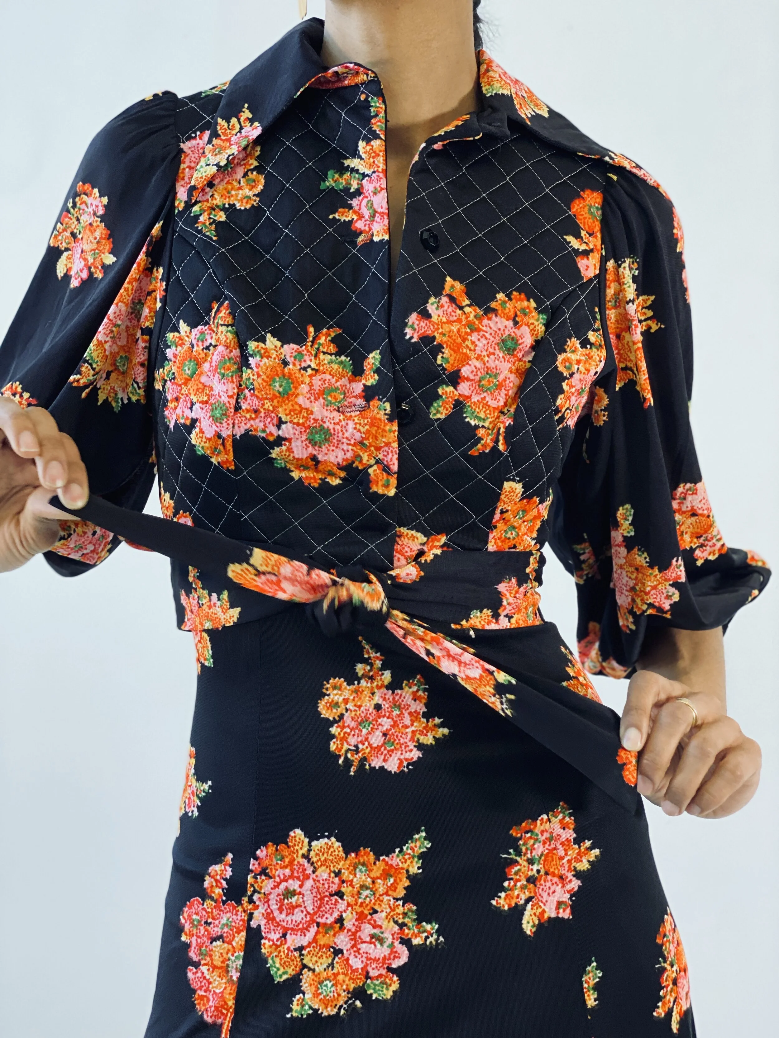 Vintage Floral Halter Dress Quilted Cropped Jacket Ensemble - Main Image