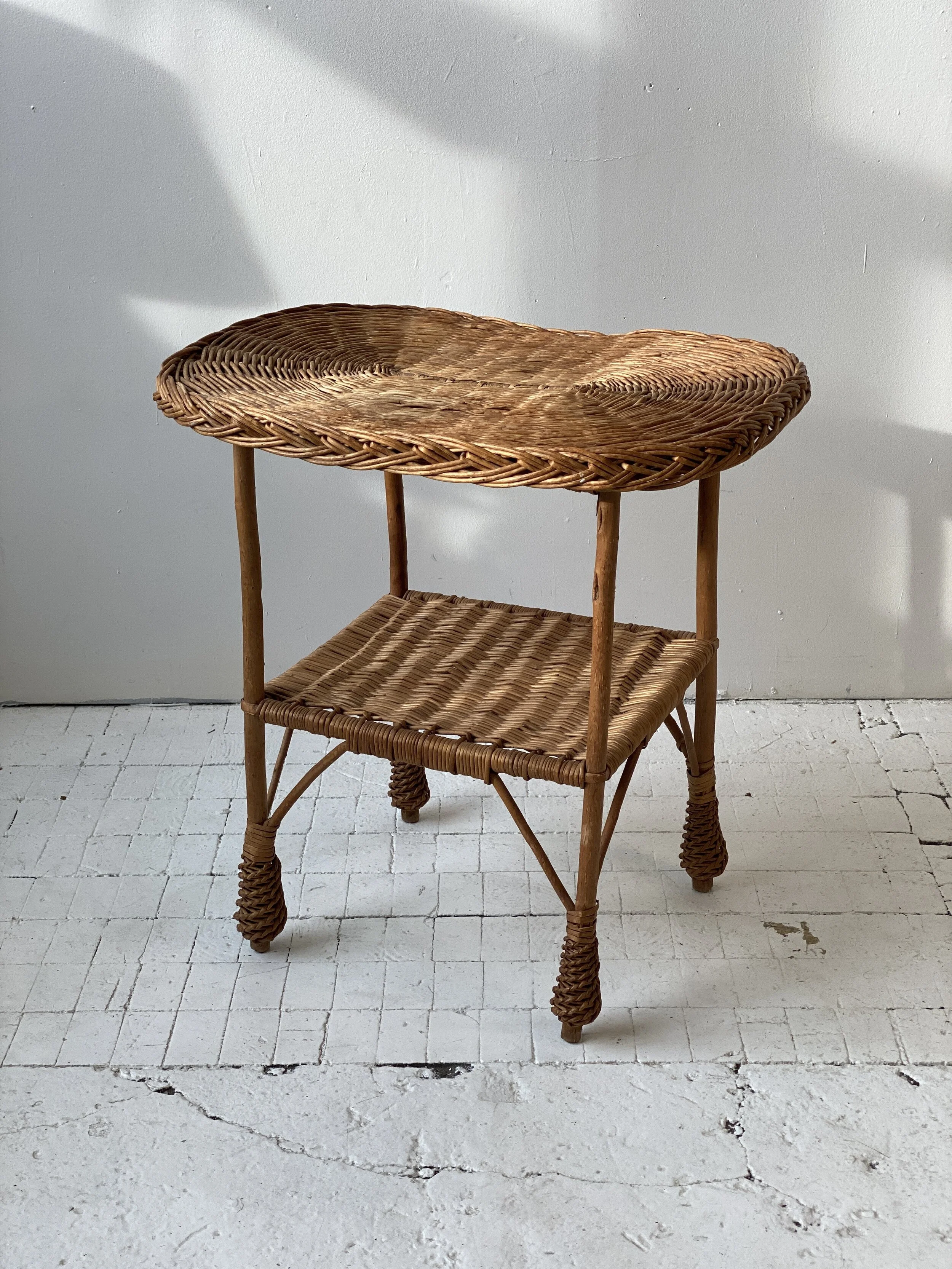 Vintage Two-Tier Wicker Side Table, Circa 1940s