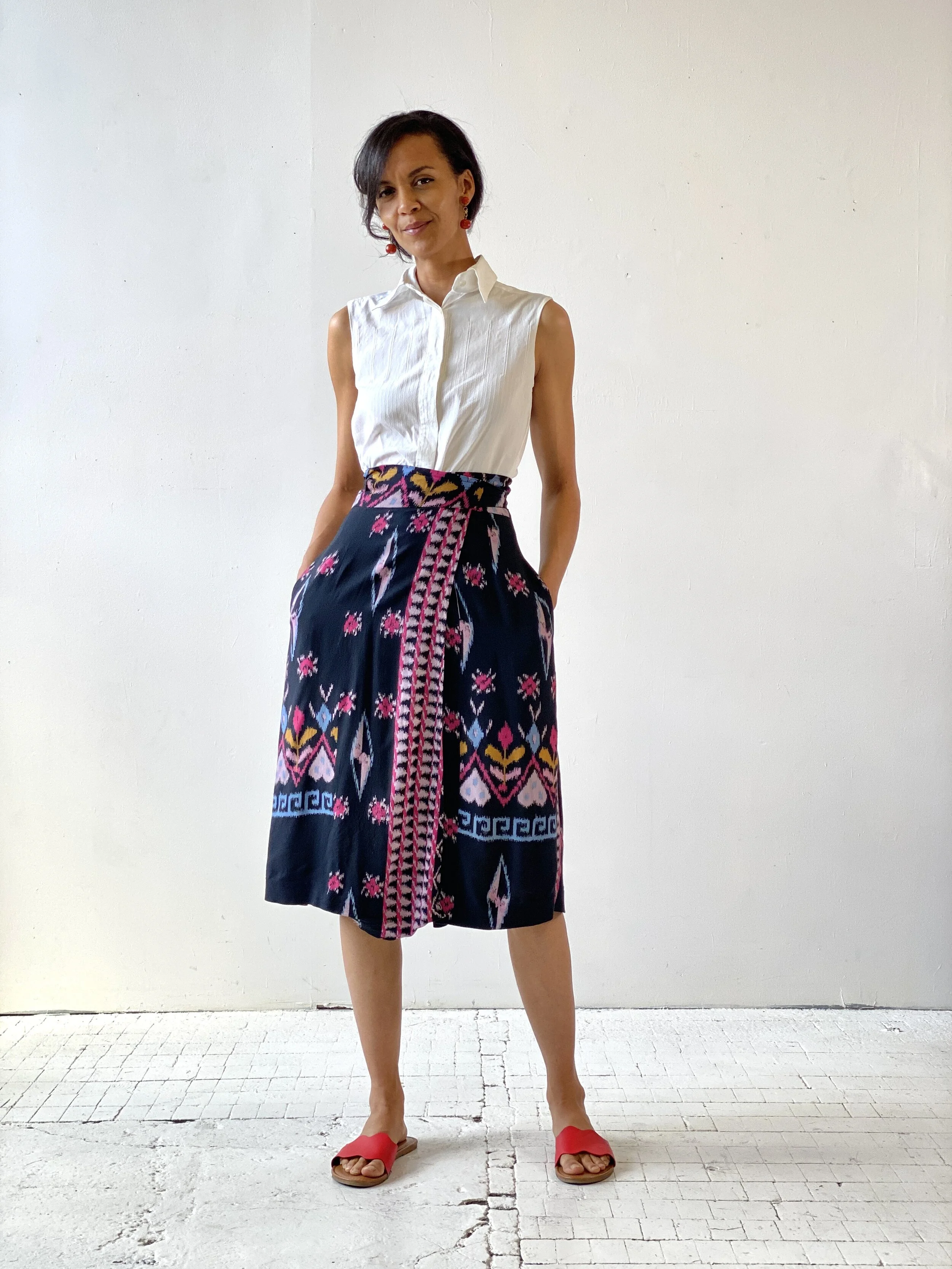Vintage Fiorucci for Neiman Marcus Novelty Ikat Print Wrap Skirt  