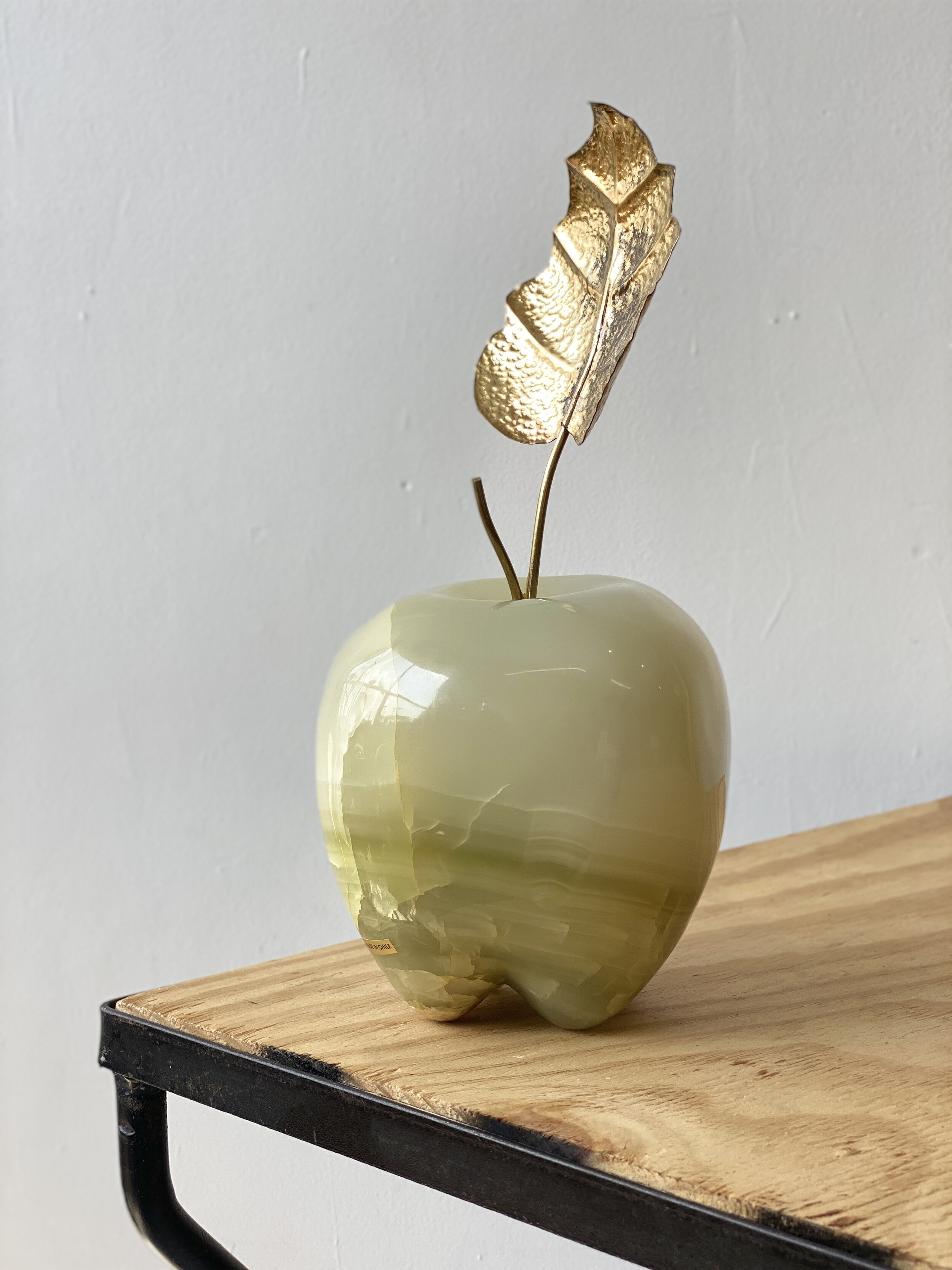 Vintage Oversized Green Onyx and Brass Apple Sculpture, Circa 1960s
