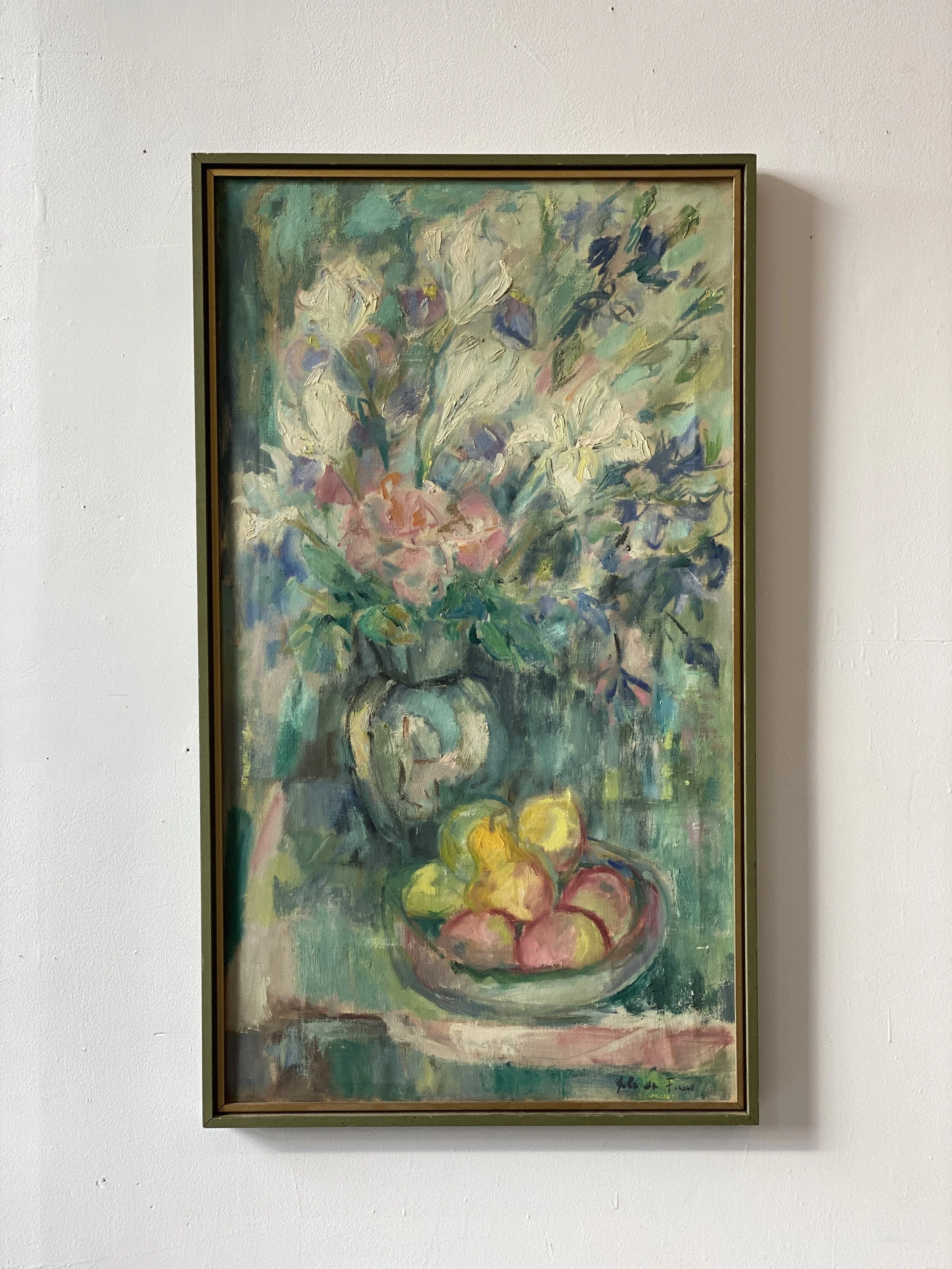 Vintage Large Scale Floral and Fruit Still Life Painting, Signed by Artist, Circa 1950s