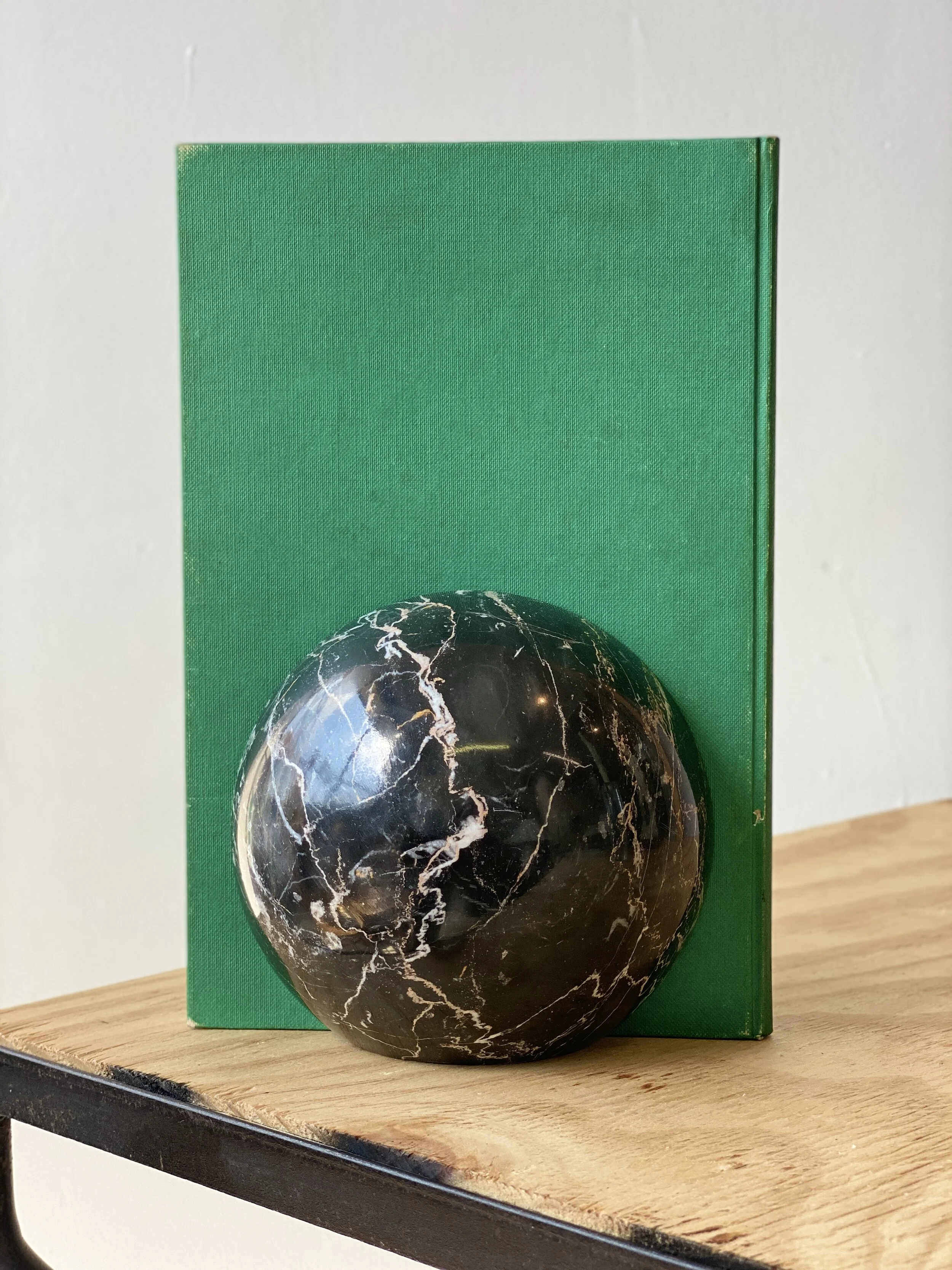 Vintage Black Veined Marble Orb Bookends, Circa 1950s