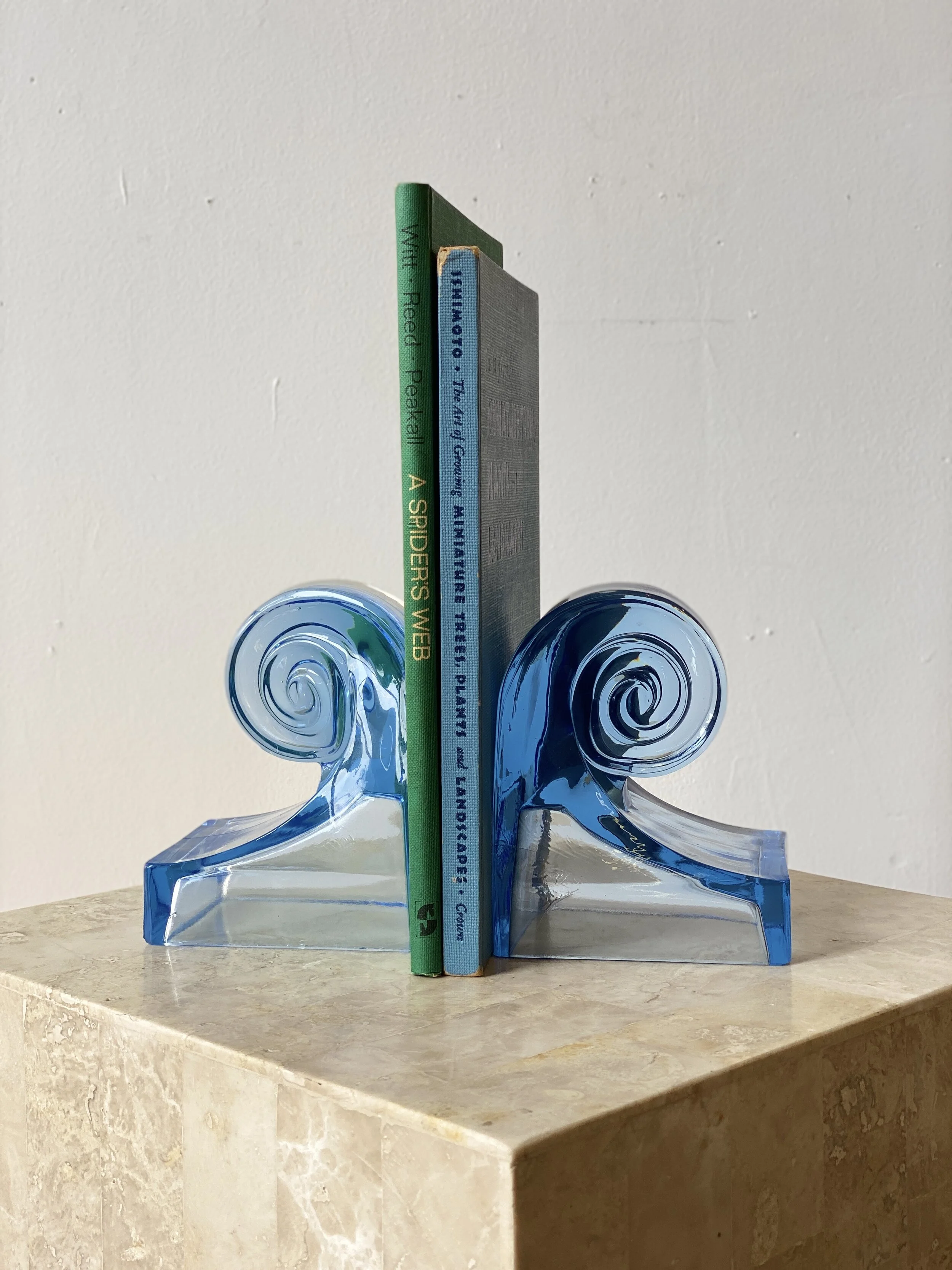 Vintage Art Deco Blue Glass Scroll Bookends, Circa 1940s