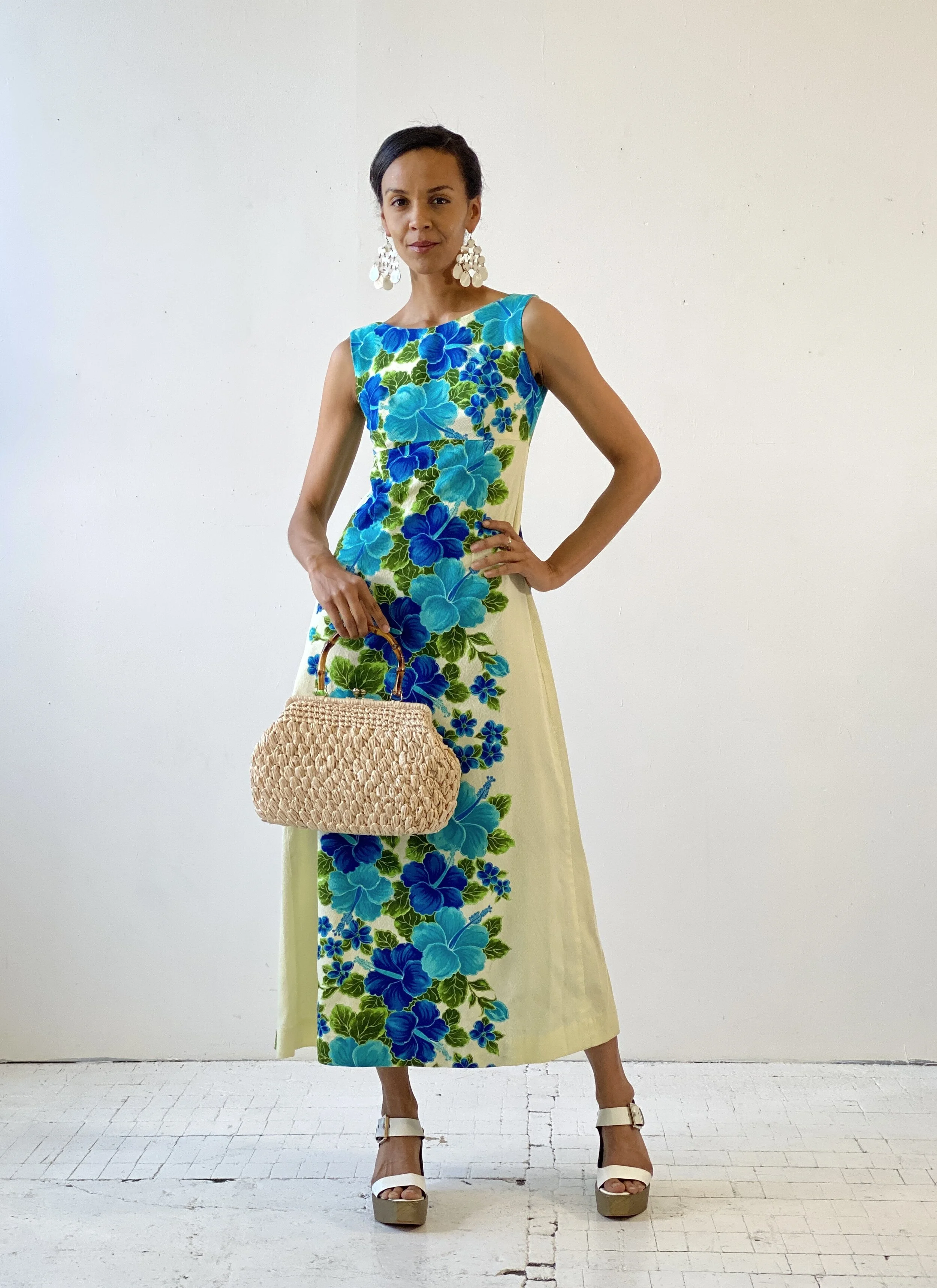 Vintage Ui-Maikai Hawaiian Hibiscus Print Empire Waist Maxi Dress, Circa 1960s portmanteau new york Vintage Ui-Maikai Hawaiian Hibiscus Print Empire Waist Maxi Dress, Circa 1960s portmanteau new york
