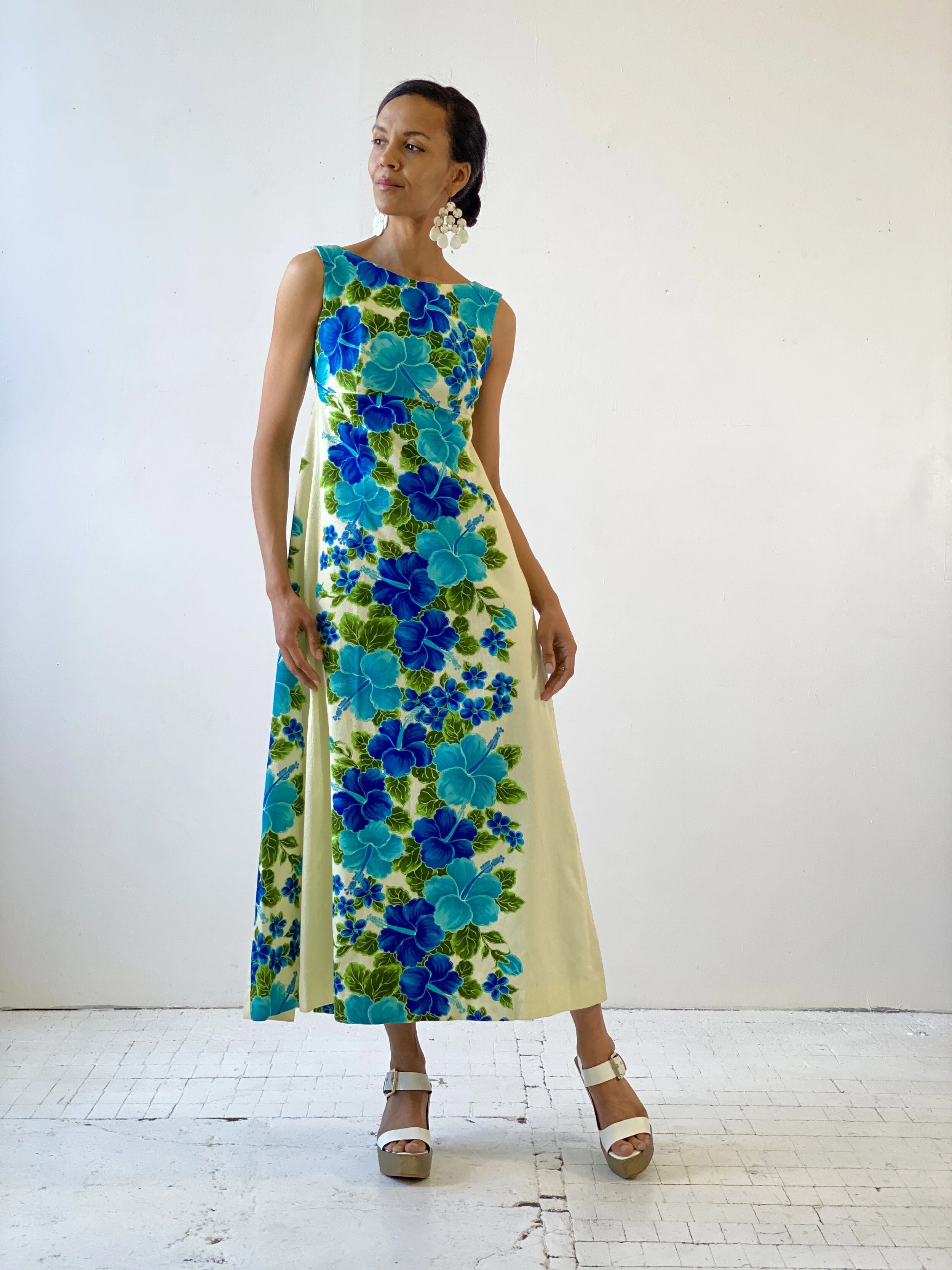 Vintage Ui-Maikai Hawaiian Hibiscus Print Empire Waist Maxi Dress, Circa 1960s portmanteau new york Vintage Ui-Maikai Hawaiian Hibiscus Print Empire Waist Maxi Dress, Circa 1960s portmanteau new york