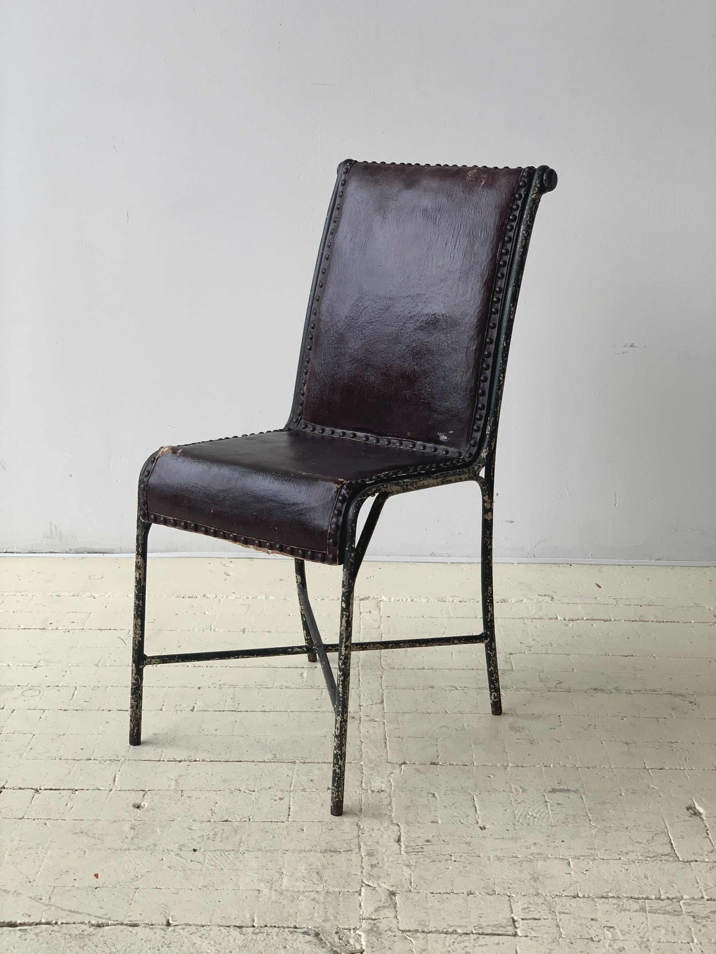 Antique Green Wrought Iron Accent Chair with Studded Coated-Canvas Seat, Circa Early 20th Century