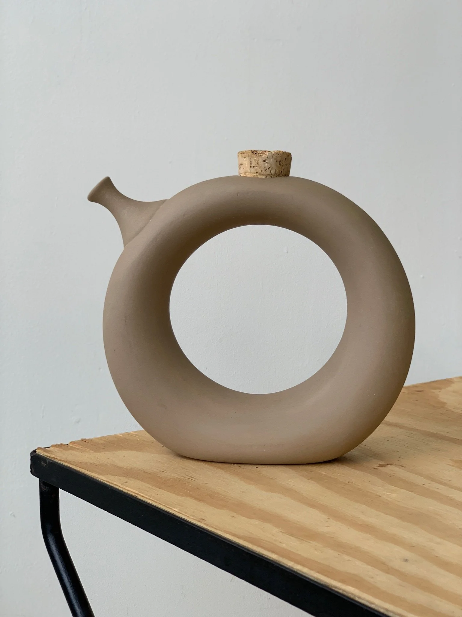 Vintage Natural Stoneware Doughnut Wine Pitcher by Hartstone, Circa 1970s