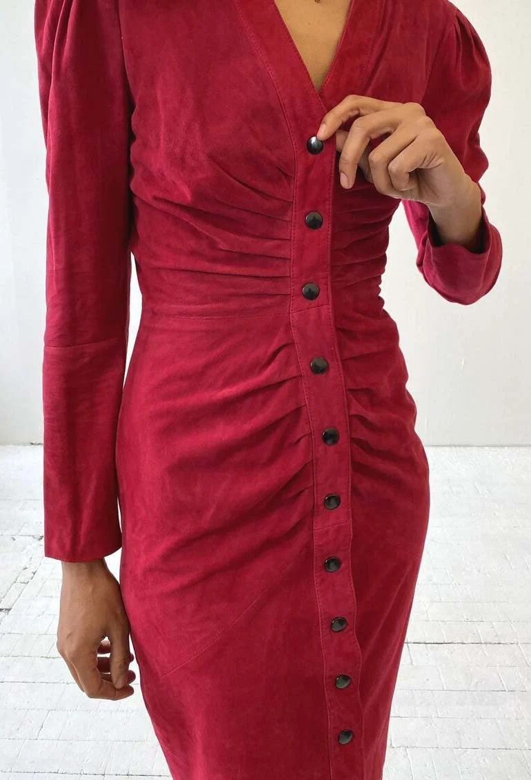 Vintage Michael Hoban for North Beach Leather Berry Suede Ruched Dress,  Circa 1980s  portmanteau new york