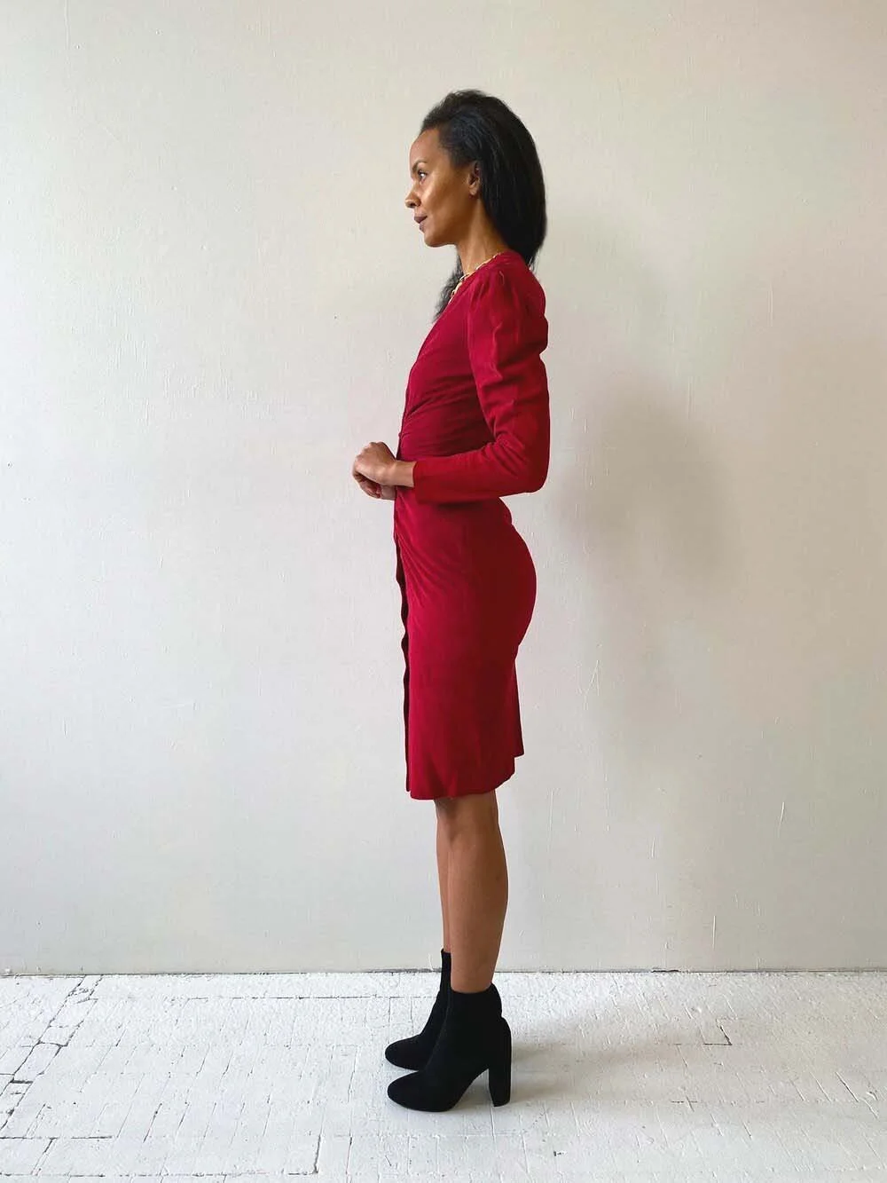 Vintage Michael Hoban for North Beach Leather Berry Suede Ruched Dress,  Circa 1980s  portmanteau new york