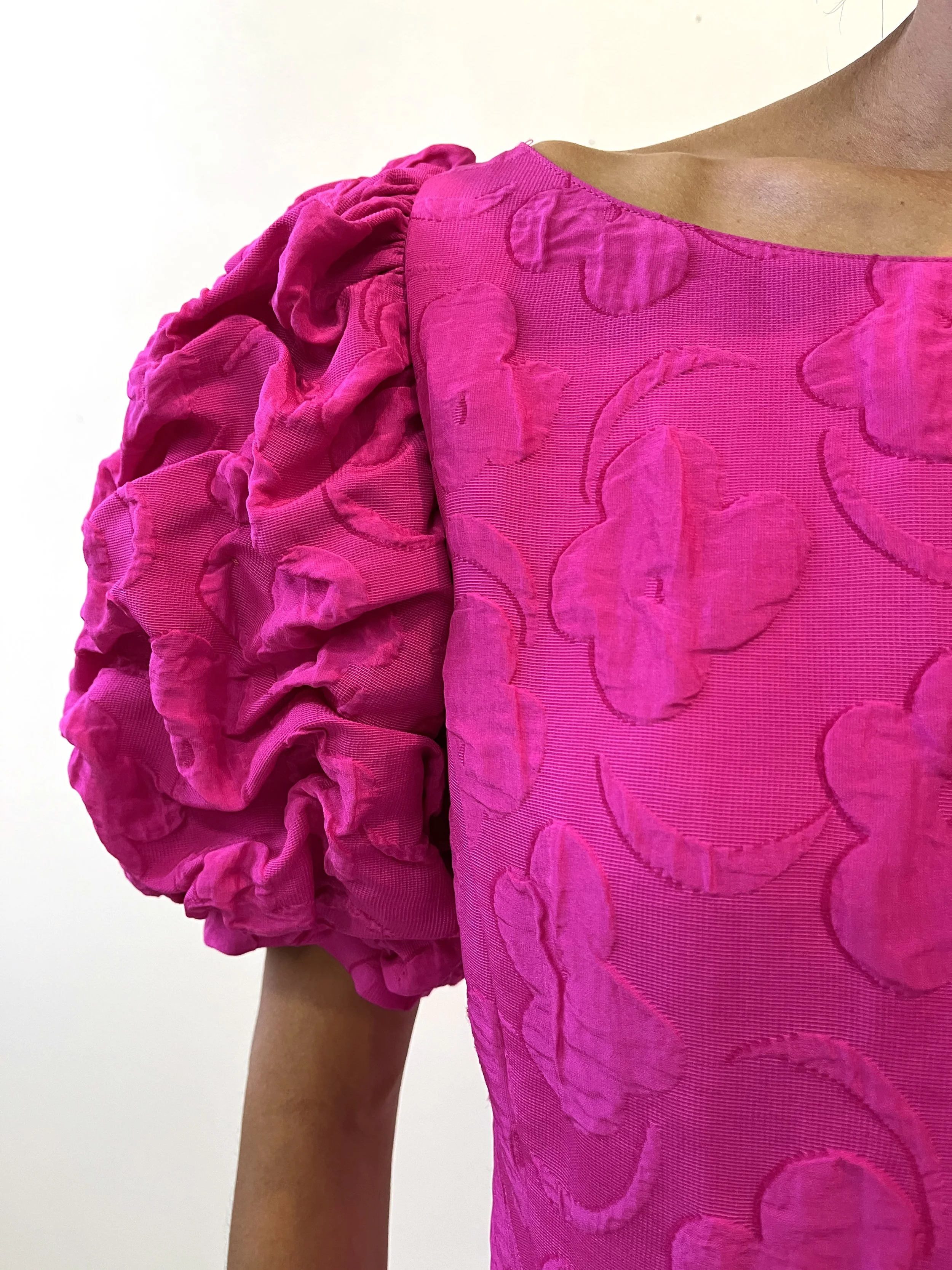 Vintage Louis Fraud Hot Pink Textured Floral Silk Dress, Circa 1980s  Portmanteau New York