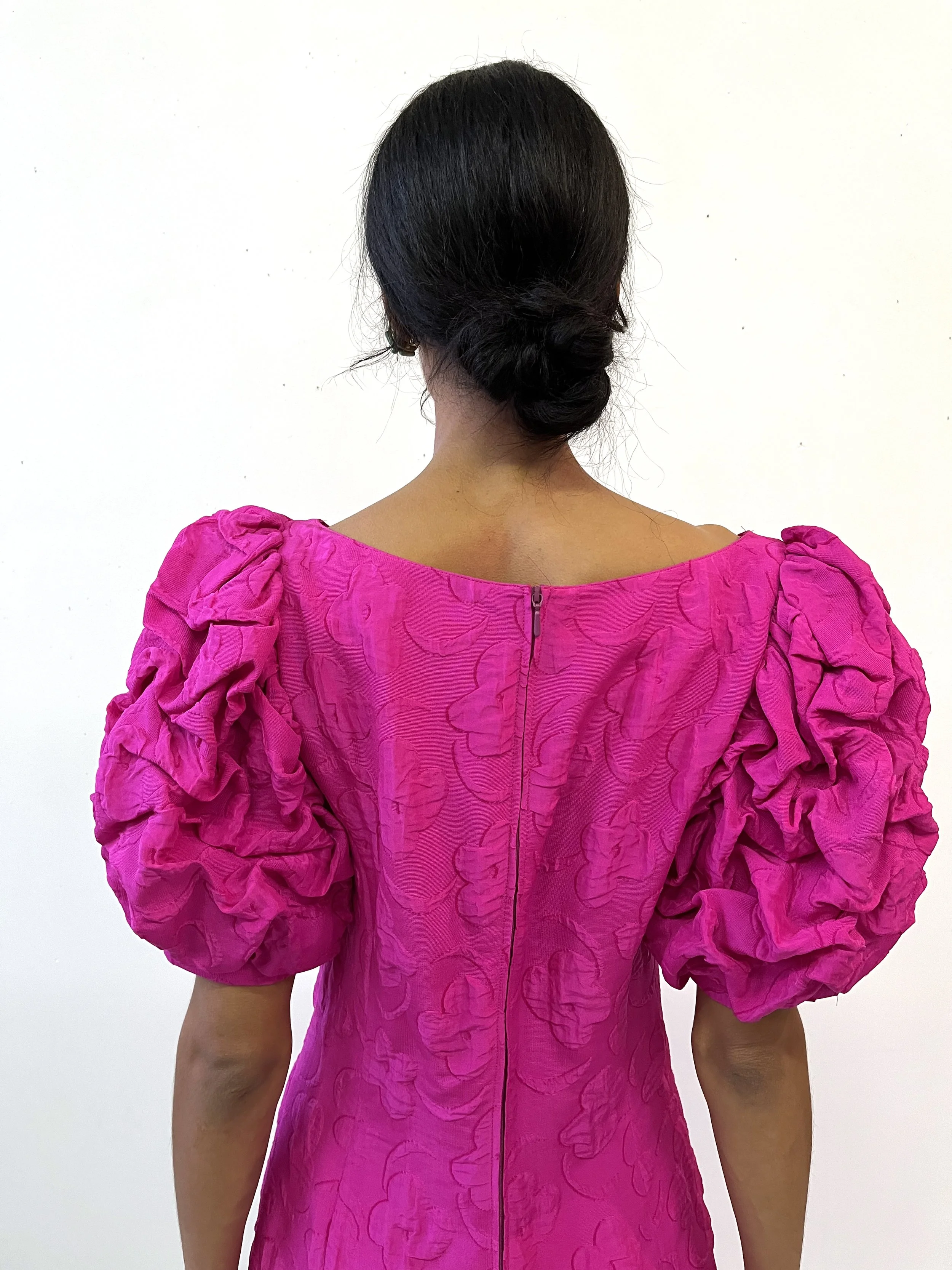 Vintage Louis Fraud Hot Pink Textured Floral Silk Dress, Circa 1980s portmanteau New york Vintage Louis Fraud Hot Pink Textured Floral Silk Dress, Circa 1980s portmanteau New york