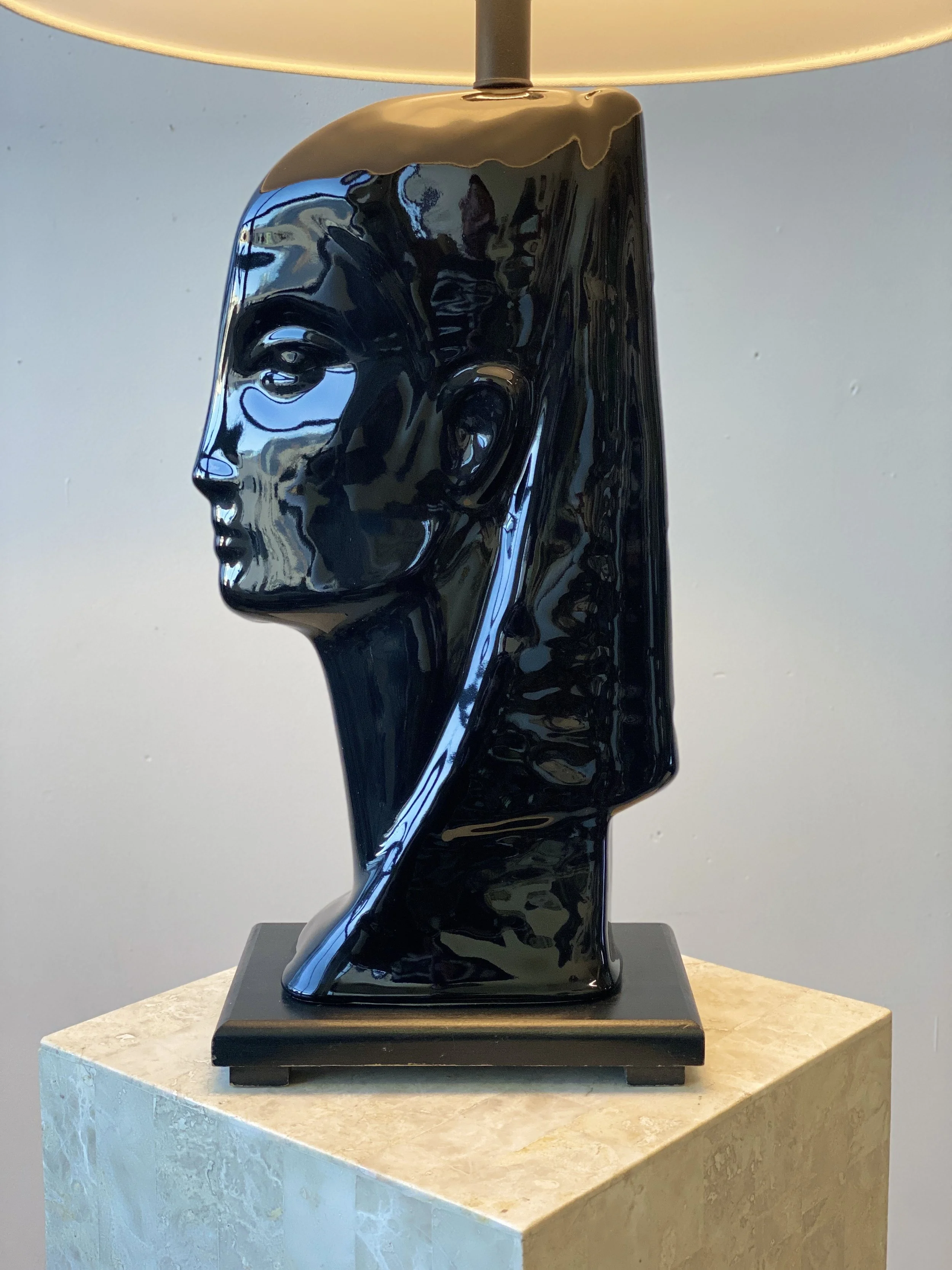 Vintage Sculptural Polished Black Ceramic Bust Lamp, Circa 1980s