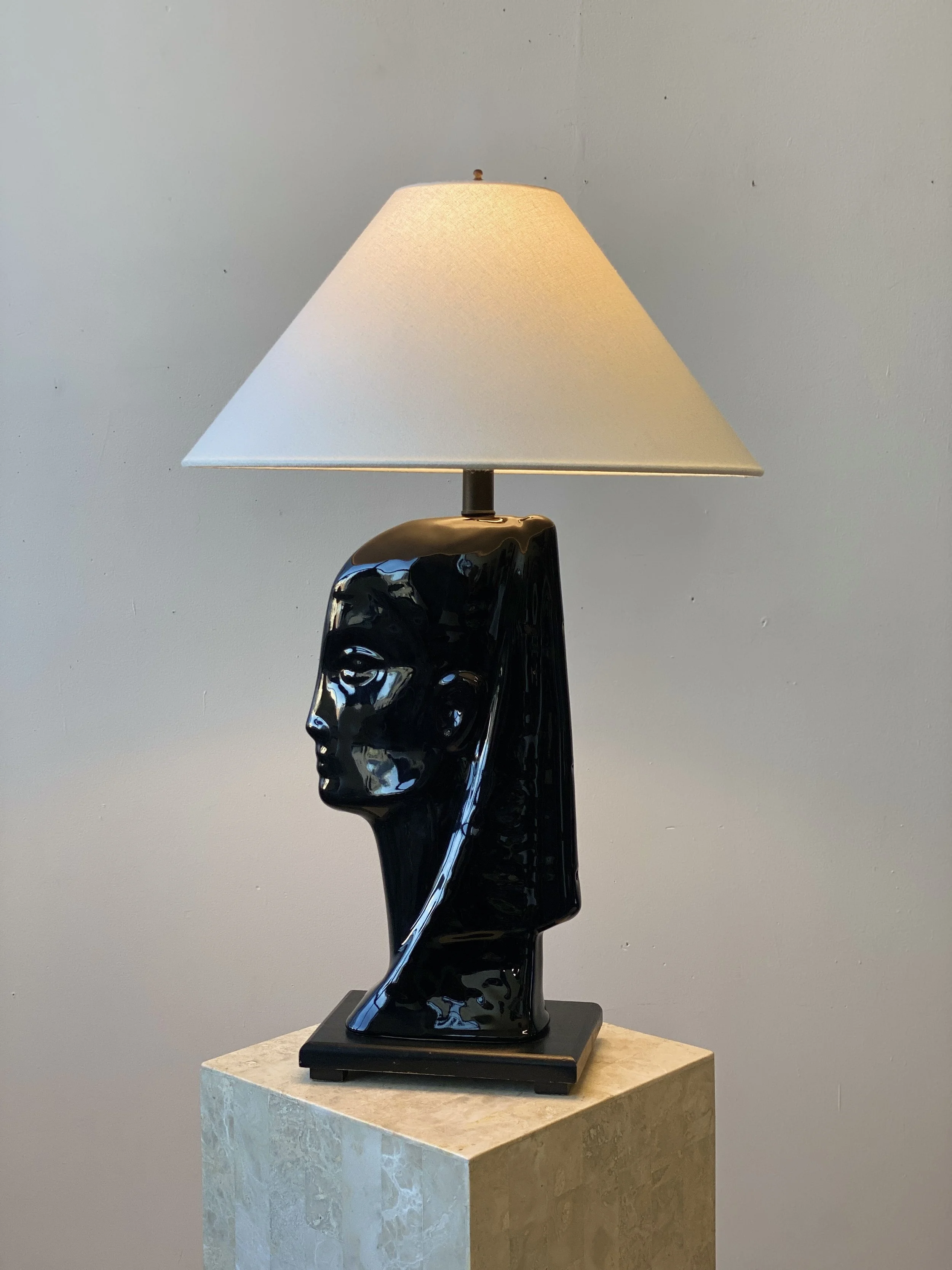Vintage Sculptural Polished Black Ceramic Bust Lamp, Circa 1980s