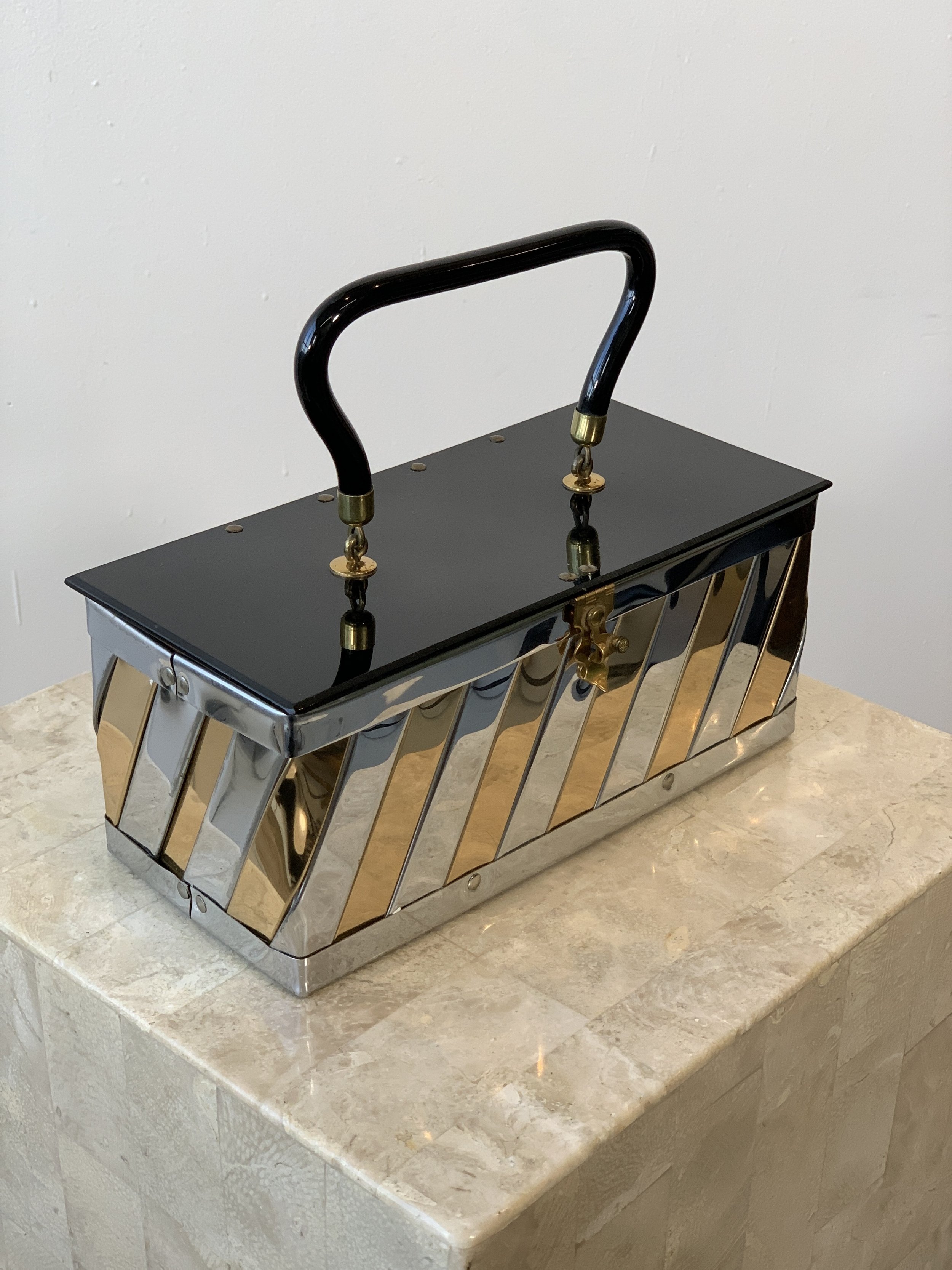 Vintage Silver + Gold Striped Metal Box Purse by Dorset-Rex, Circa 1950s —  portmanteau new york