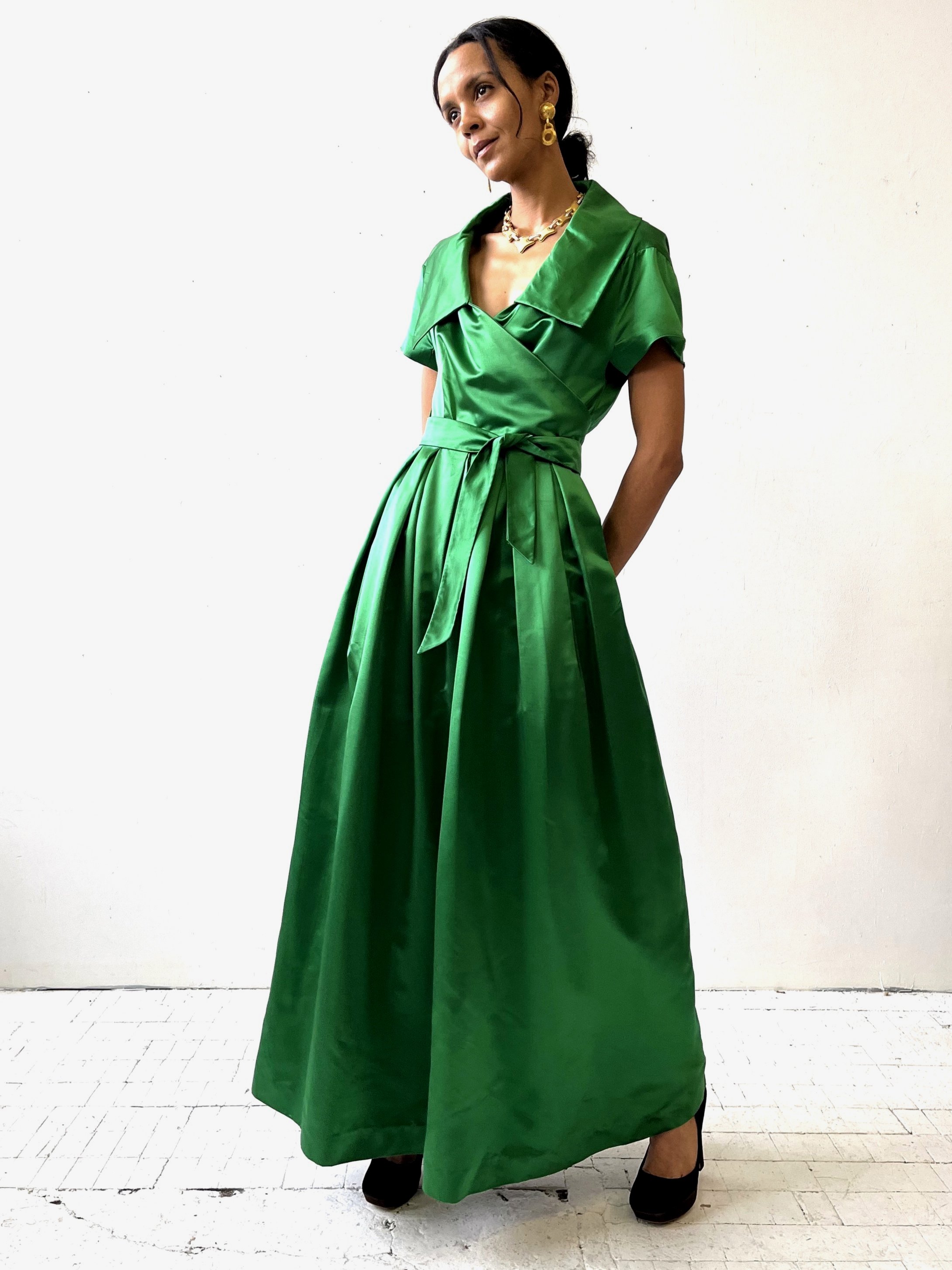 Vintage Jewel Green Italian Silk Simonetta Sport Gown, Circa 1960s —  portmanteau new york